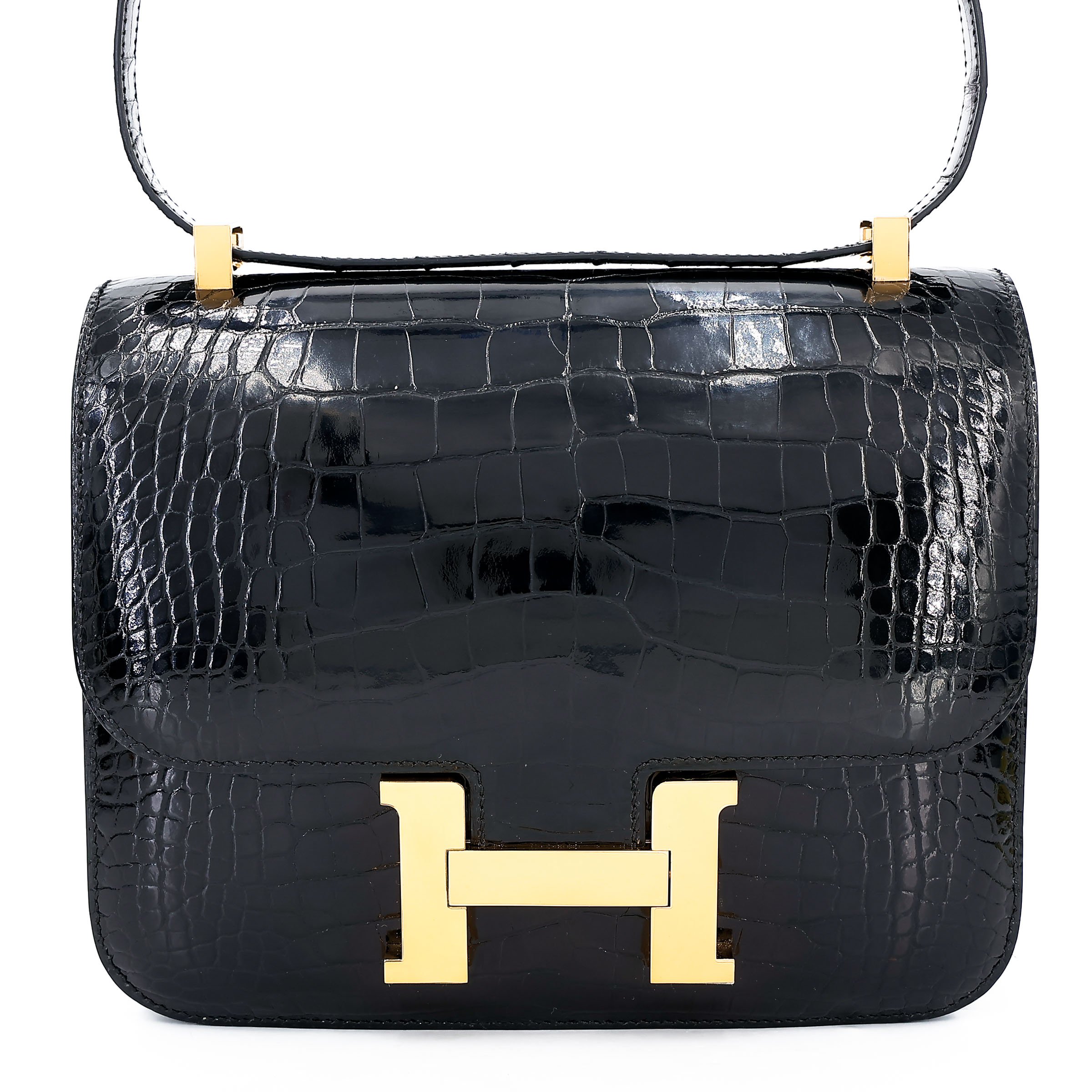 Hermes Very Good ( Rank A) HERMÈS Constance 24 Noir (89) Rouge H (55) Shiny Alligator Gold hardware A (2017)