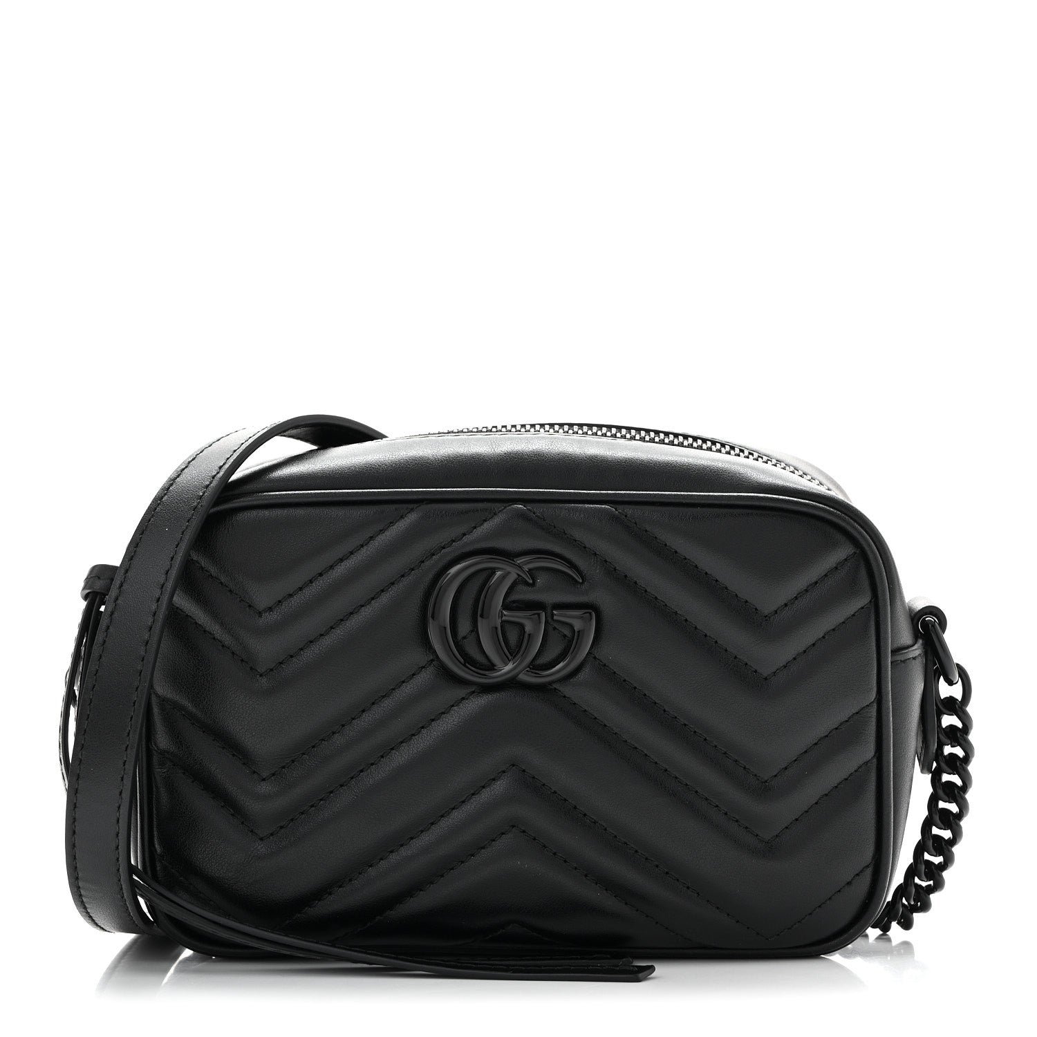 Gucci Calfskin Matelasse Monochrome Mini GG Marmont Chain Shoulder Bag Black