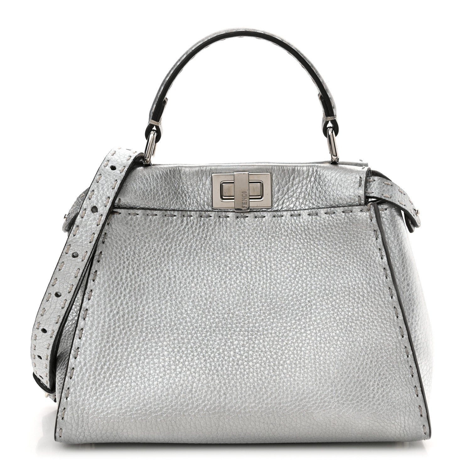 Fendi Cuoio Romano Lux Selleria Mini Peekaboo Iconic Satchel Argento