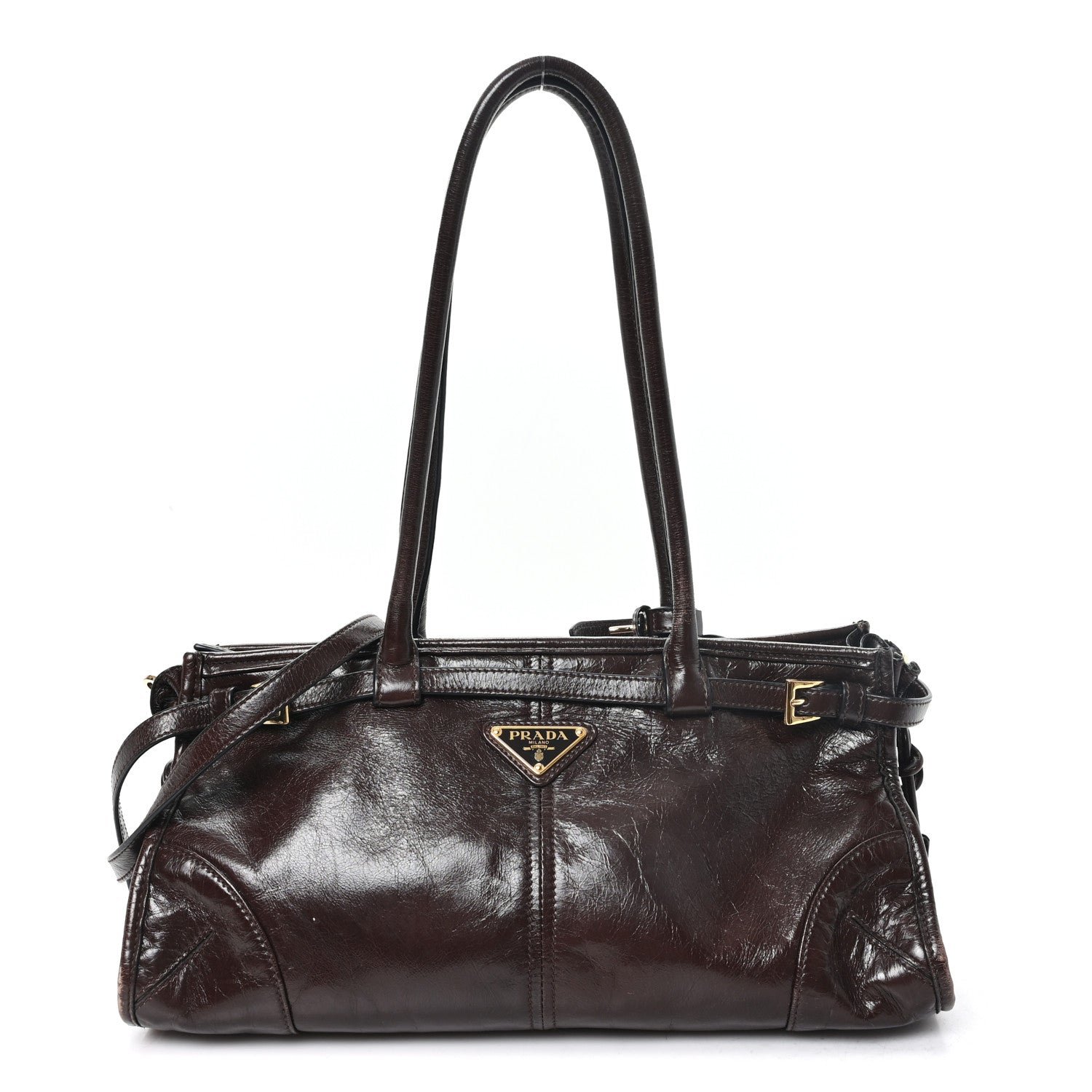 Prada Glossy Calfskin Triangle Medium Bonnie Shoulder Bag Dark Brown