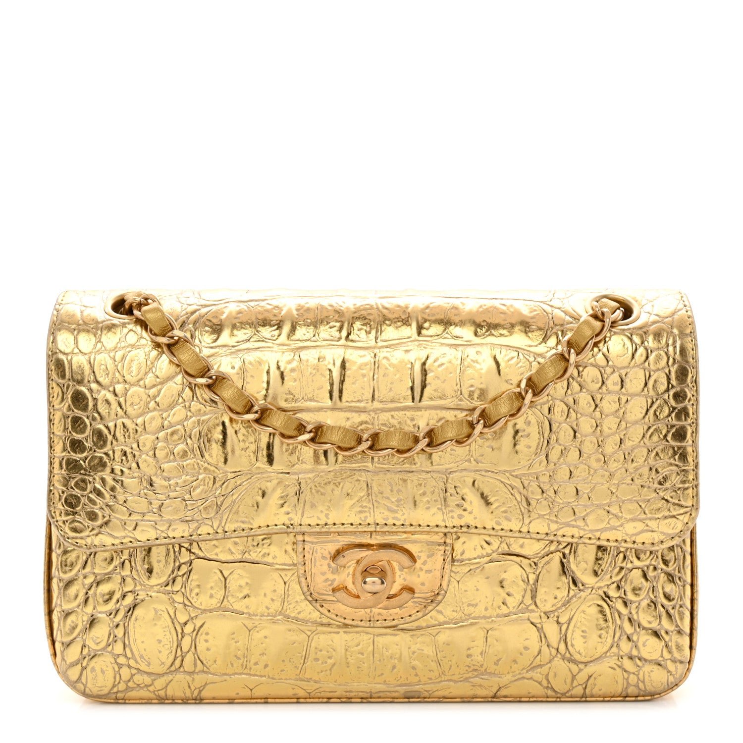Chanel Metallic Calfskin Crocodile Embossed Cocodile Small Double Flap Gold