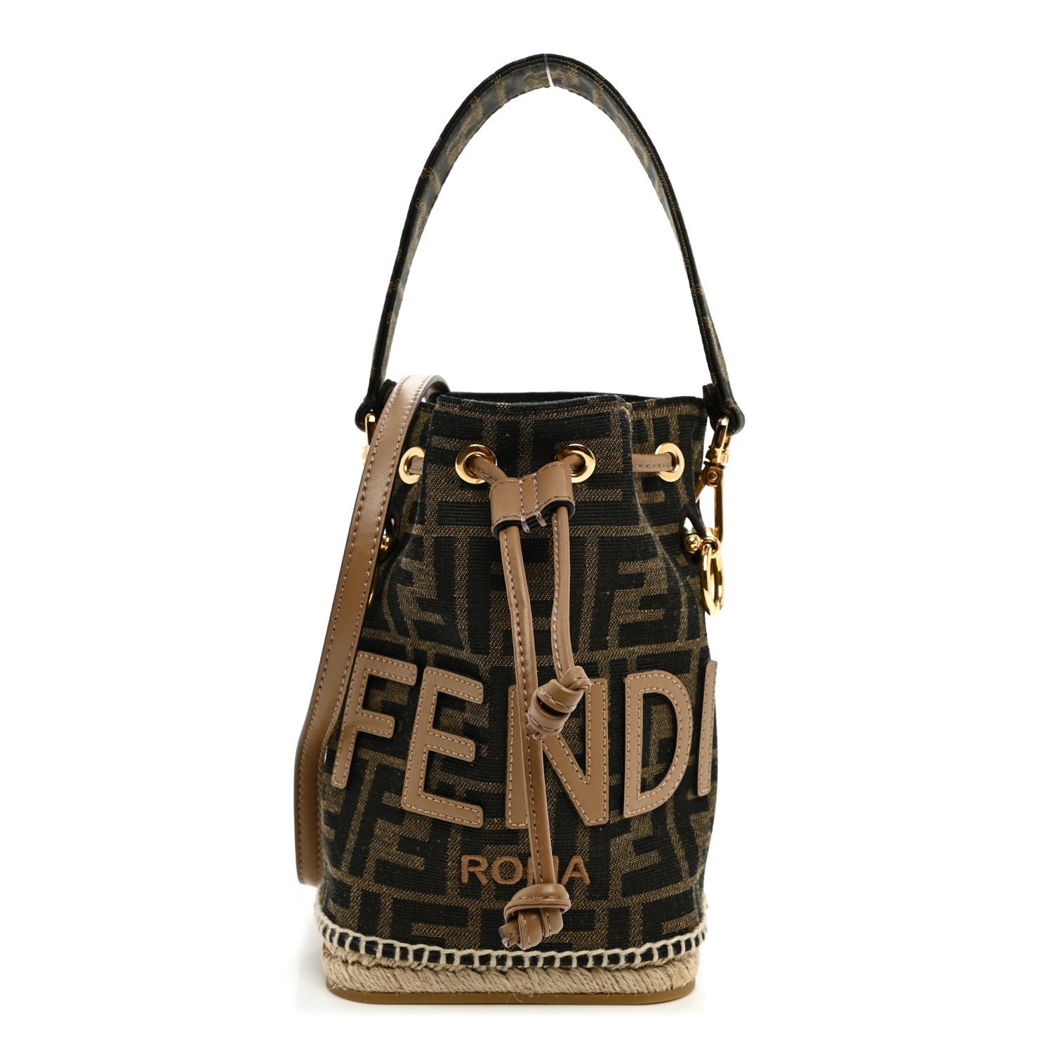 Fendi Fabric Jacquard Vitello Grace Raffia FF 1974 Logo Mini Mon Tresor Bucket Bag Tobacco Moro Sand