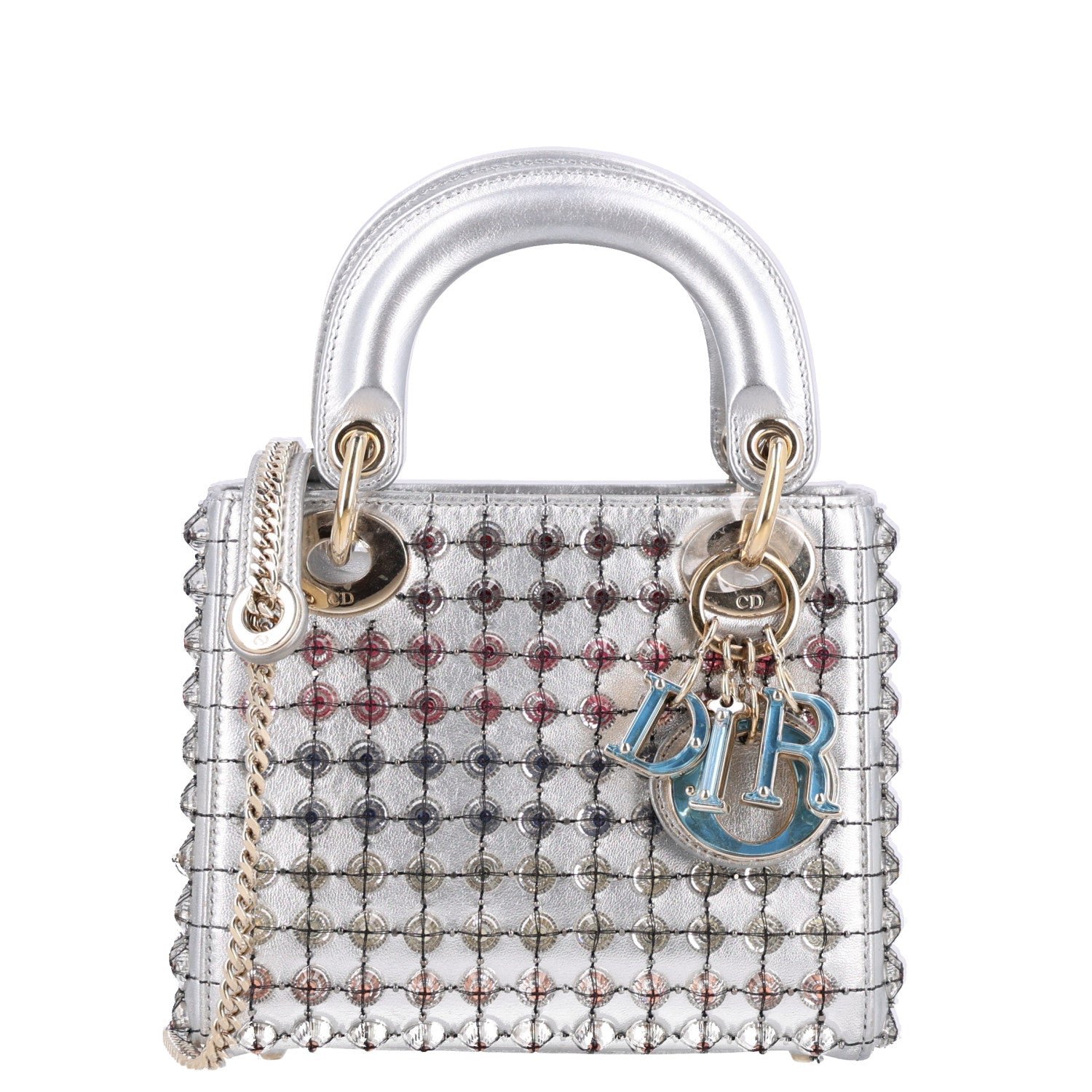 Christian Dior Metallic Calfskin Satin Celestial Bead Embroidery Cannage Mini Lady Dior Silver