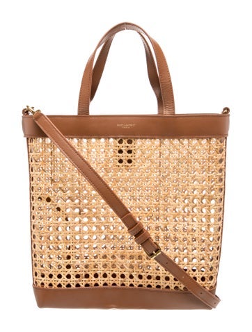 Raffia Woven Cane Calfskin North South Shopper Tote
