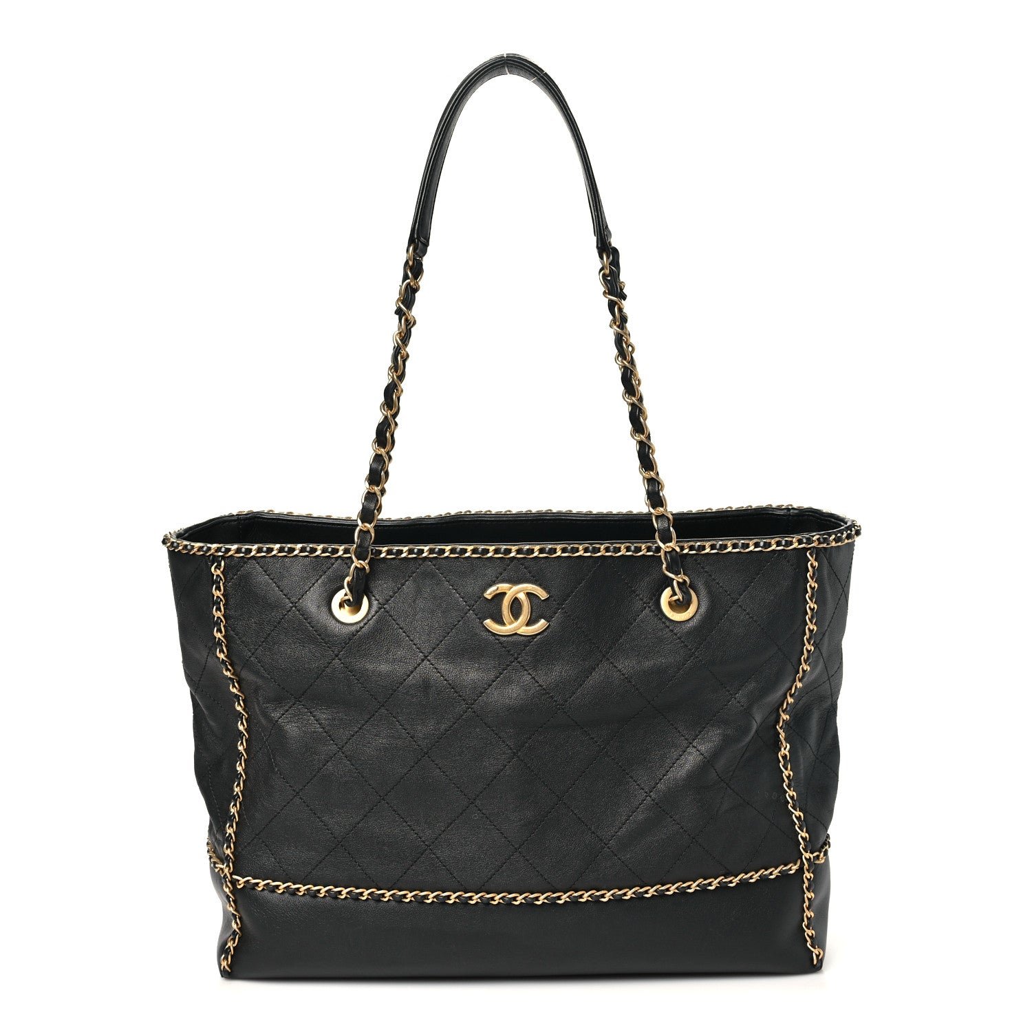 Chanel Calfskin Quilted Chain Lines Shopping Tote Black