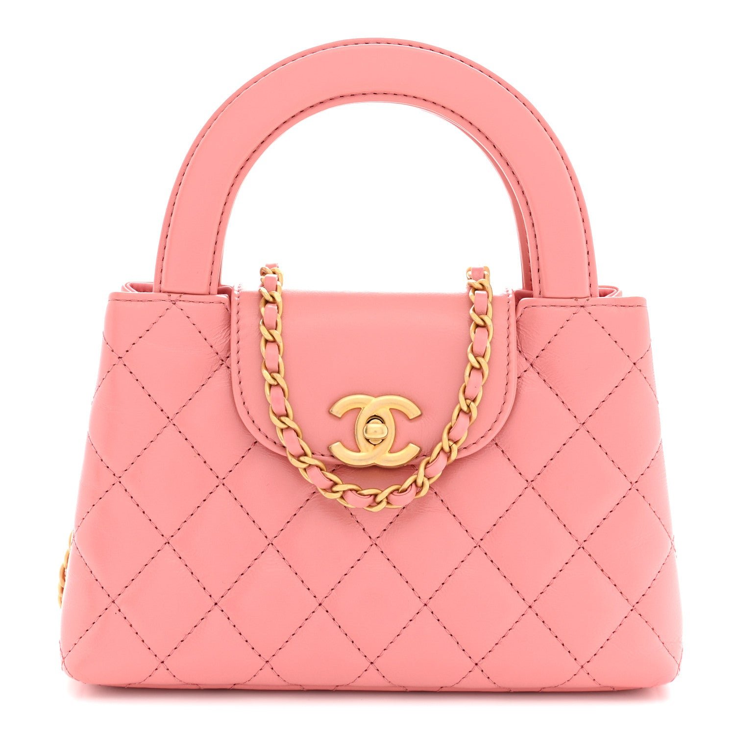 Chanel Shiny Aged Calfskin Quilted Nano Kelly Shopper Coral Pink