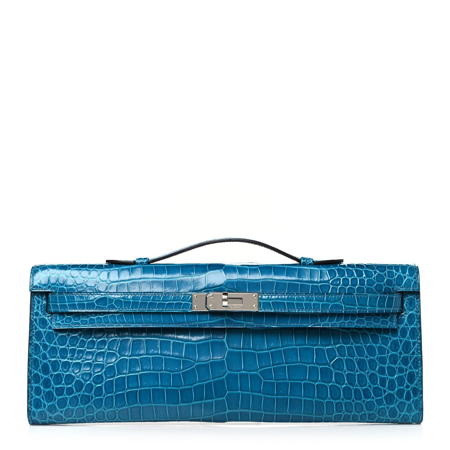 Hermes Shiny Porosus Crocodile Kelly Cut Pochette Bleu Izmir