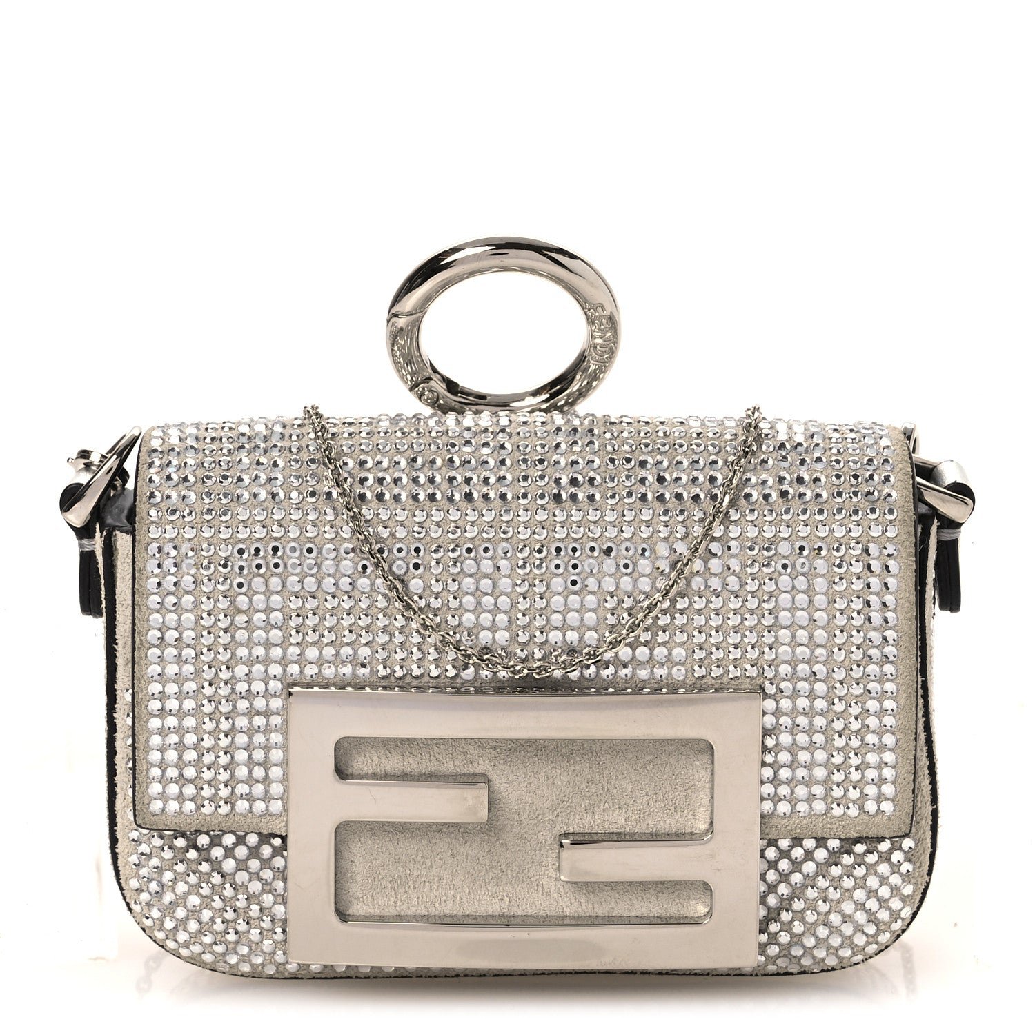 Fendi Crystal Vitello Laminato FF Nano Maxi Buckle Baguette Charm  Crystal Argento