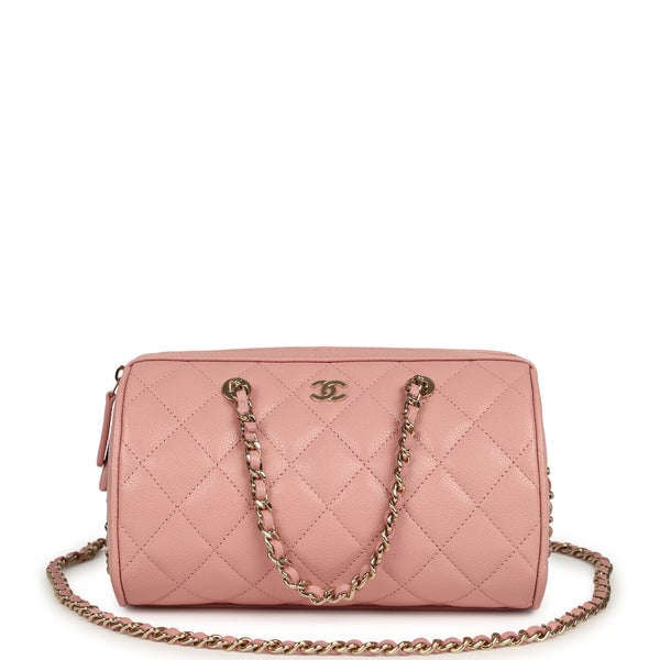 Chanel Mini Timeless Classic Barrel Bag with Chain Pink Shiny Caviar Light Gold Hardware