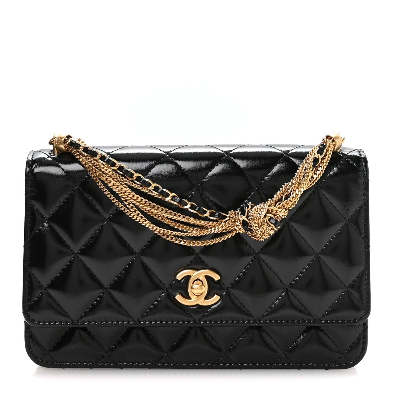Chanel Shiny Crumpled Calfskin Quilted Precious Tie Wallet On Chain WOC Black