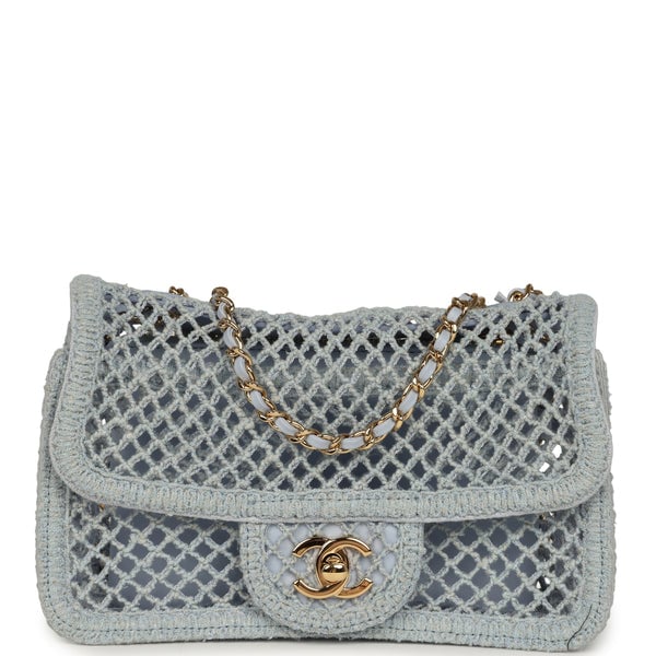 Chanel Small Coco Beach Macrame Flap Bag Light Blue Mesh Gold Hardware