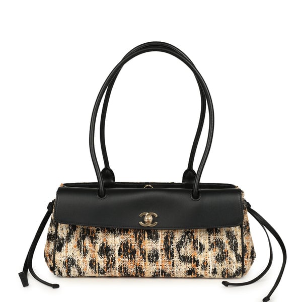 Chanel Small Leopard Print "Urban Essential" East West Shopping Tote Black Calfskin, Brown, Black, White Tweed, Mixed Fibers Gold Hardware