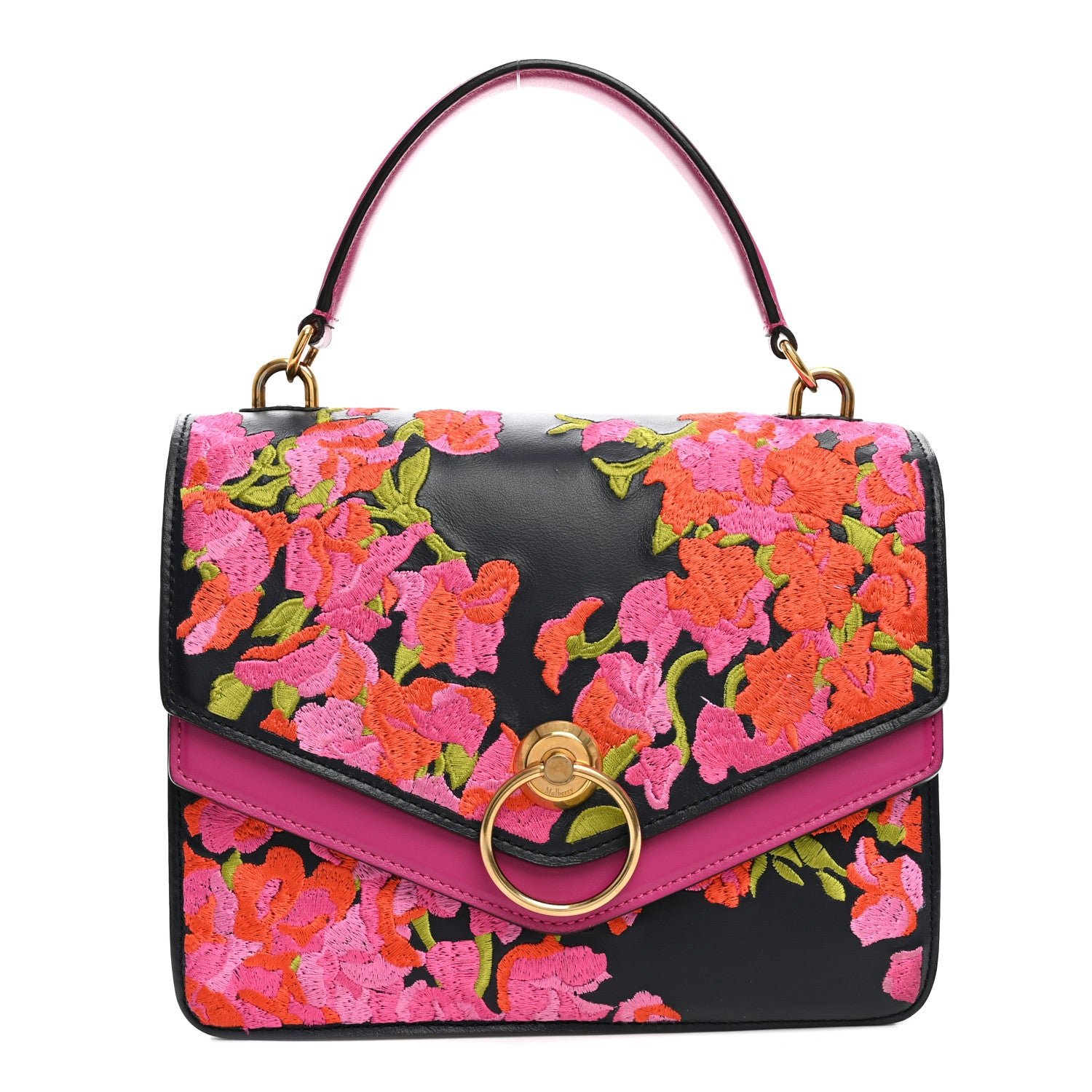 Mulberry Smooth Calfskin Embroidered Floral Harlow Satchel Navy Multicolor