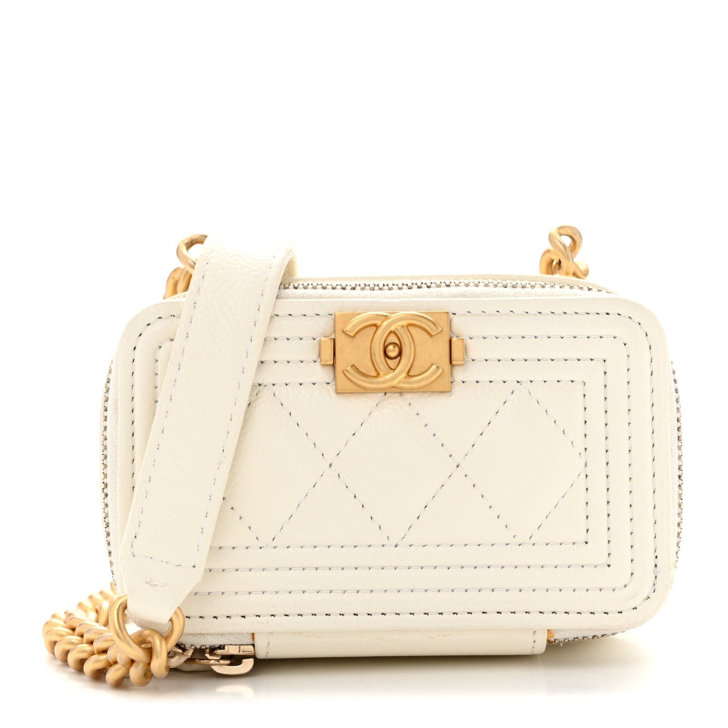 Chanel Caviar Quilted Mini Boy Clutch With Chain White