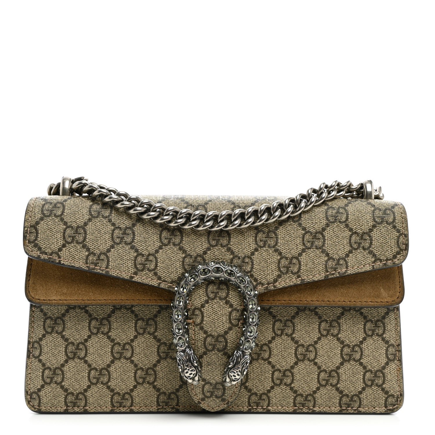 Gucci GG Supreme Monogram Suede Crystal Small Dionysus Shoulder Bag Beige Ebony Taupe