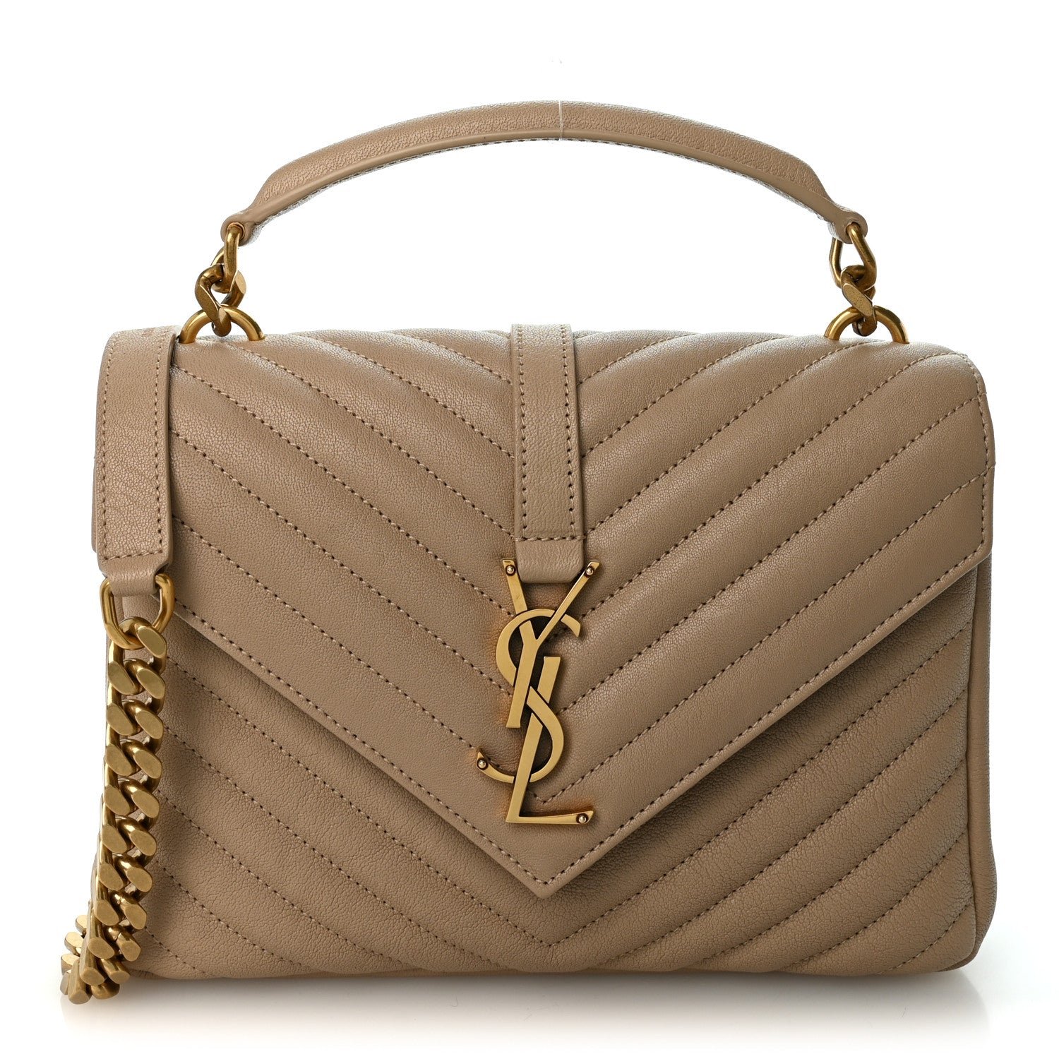Saint Laurent Sheepskin Matelasse Chevron Monogram Medium College Bag Dark Beige