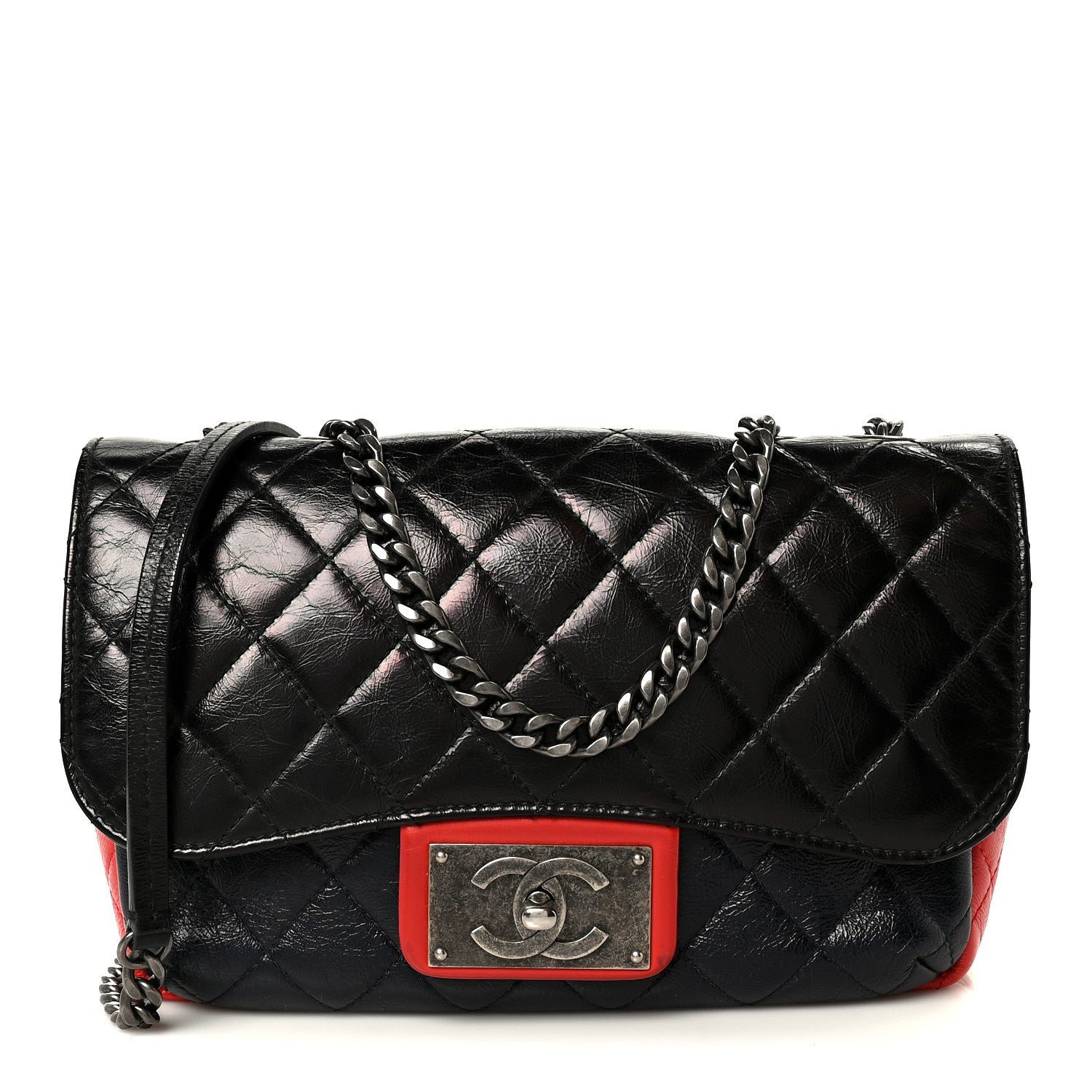 Chanel Shiny Goatskin Quilted Tri-Color Flap Black Red Navy