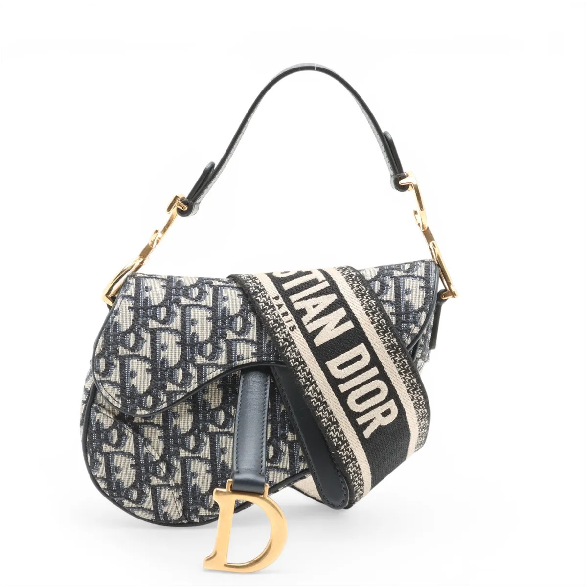 Christian Dior Oblique Saddle Bag Canvas & Leather 2 Way Handbag Navy Blue