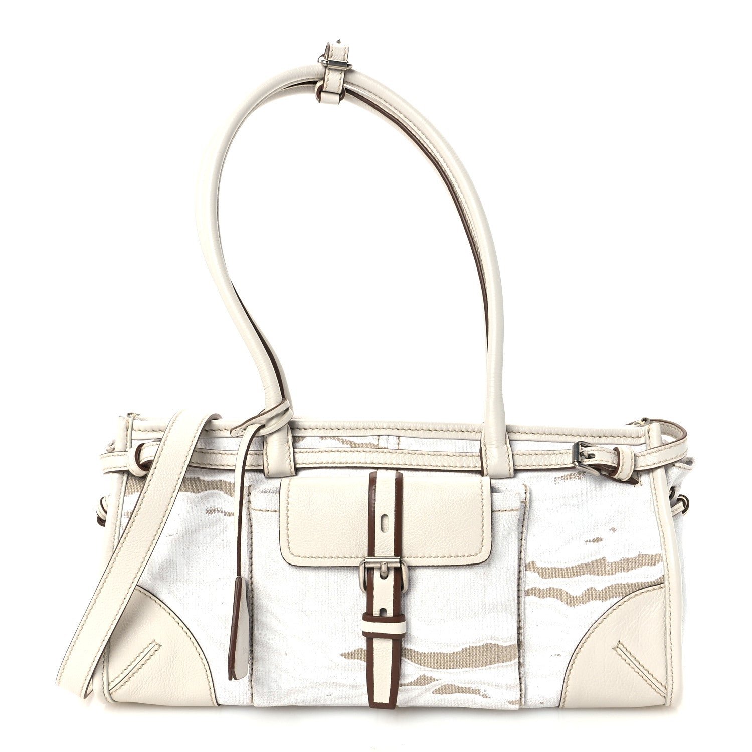 Prada Linen Calfskin Printed Medium Bonnie Shoulder Bag White
