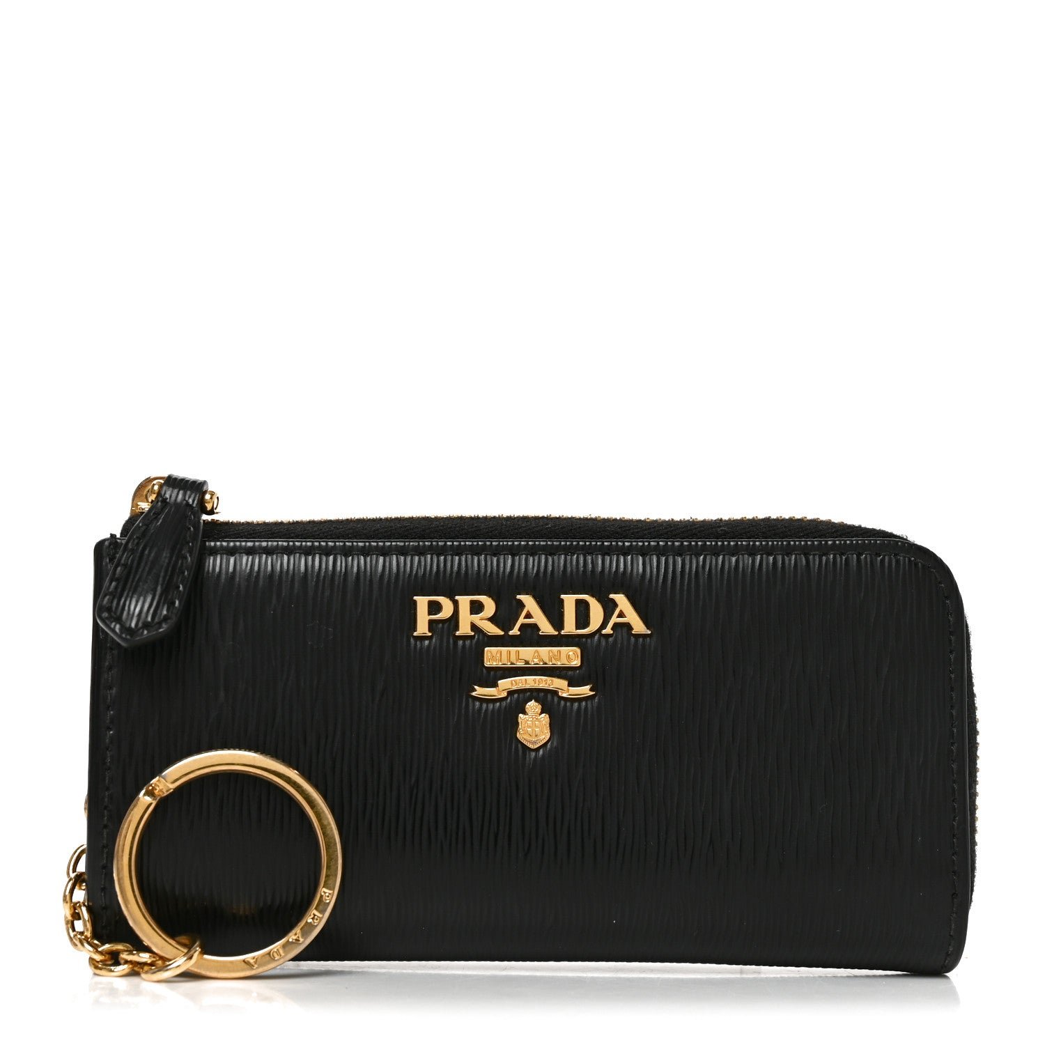 Prada Saffiano Metal Zip Around Key Holder Black