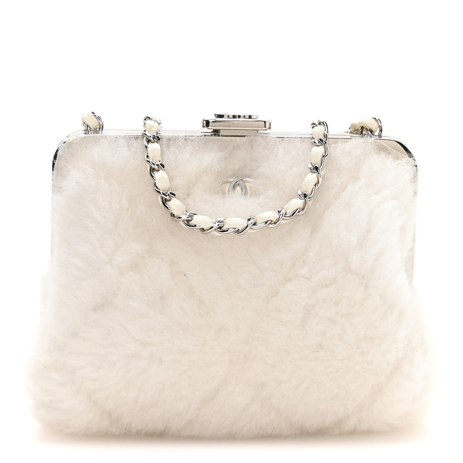 Chanel Shearling Sheepskin Lambskin Quilted Clutch With Chain White