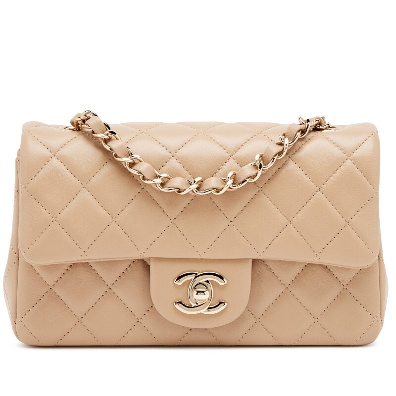 Dark Beige Milk Tea Quilted Lambskin Mini Rectangular Classic Flap Bag Light Gold Hardware, 2021