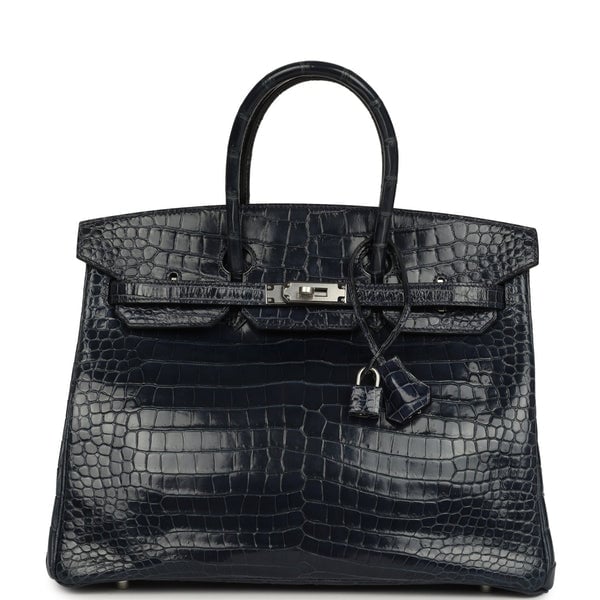 Hermes Pre-owned Hermes Birkin 35 Bleu Abysse Shiny Porosus Crocodile Palladium Hardware