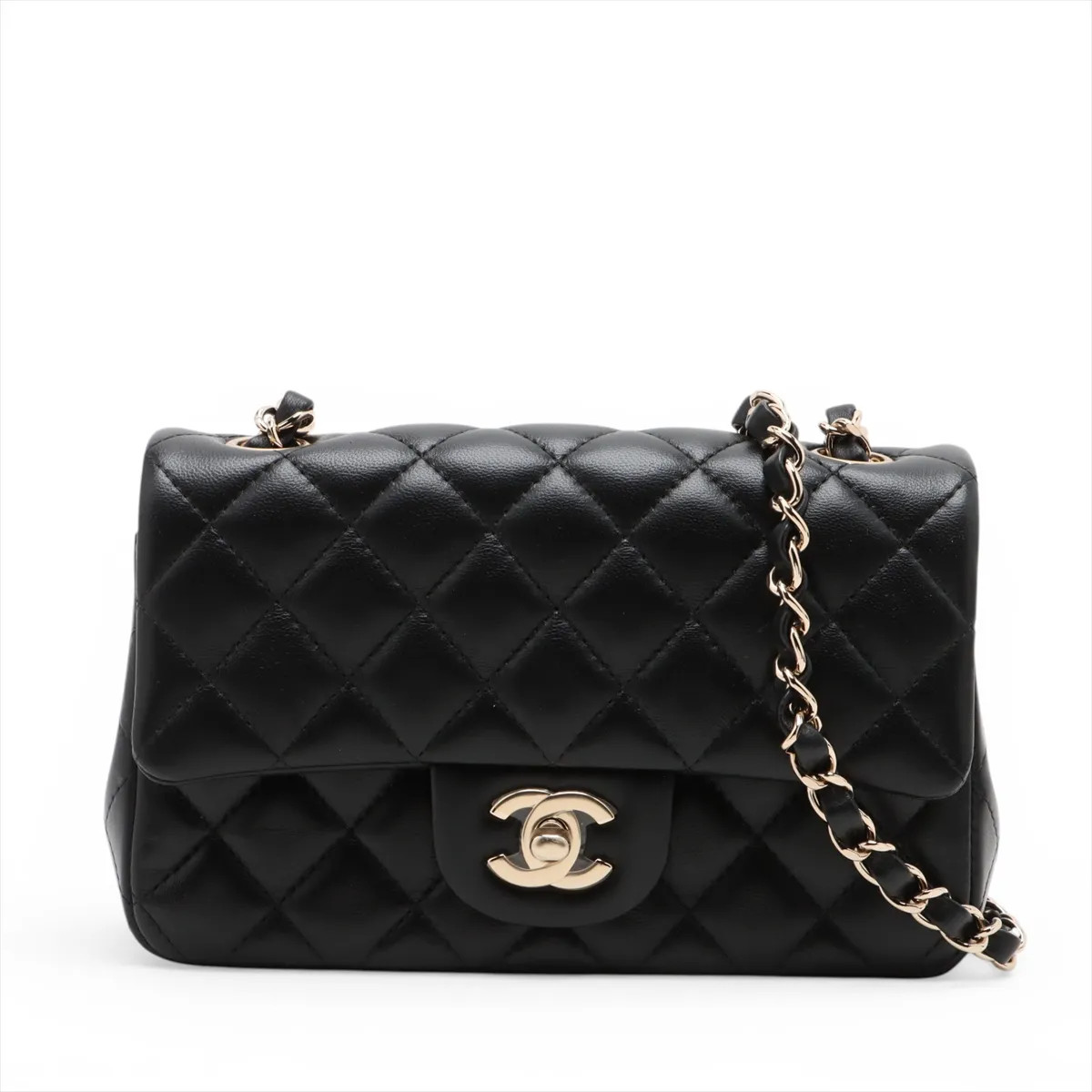 Chanel Mini Matelasse 20 Lambskin Single Flap Single Chain Bag Black Gold Metal