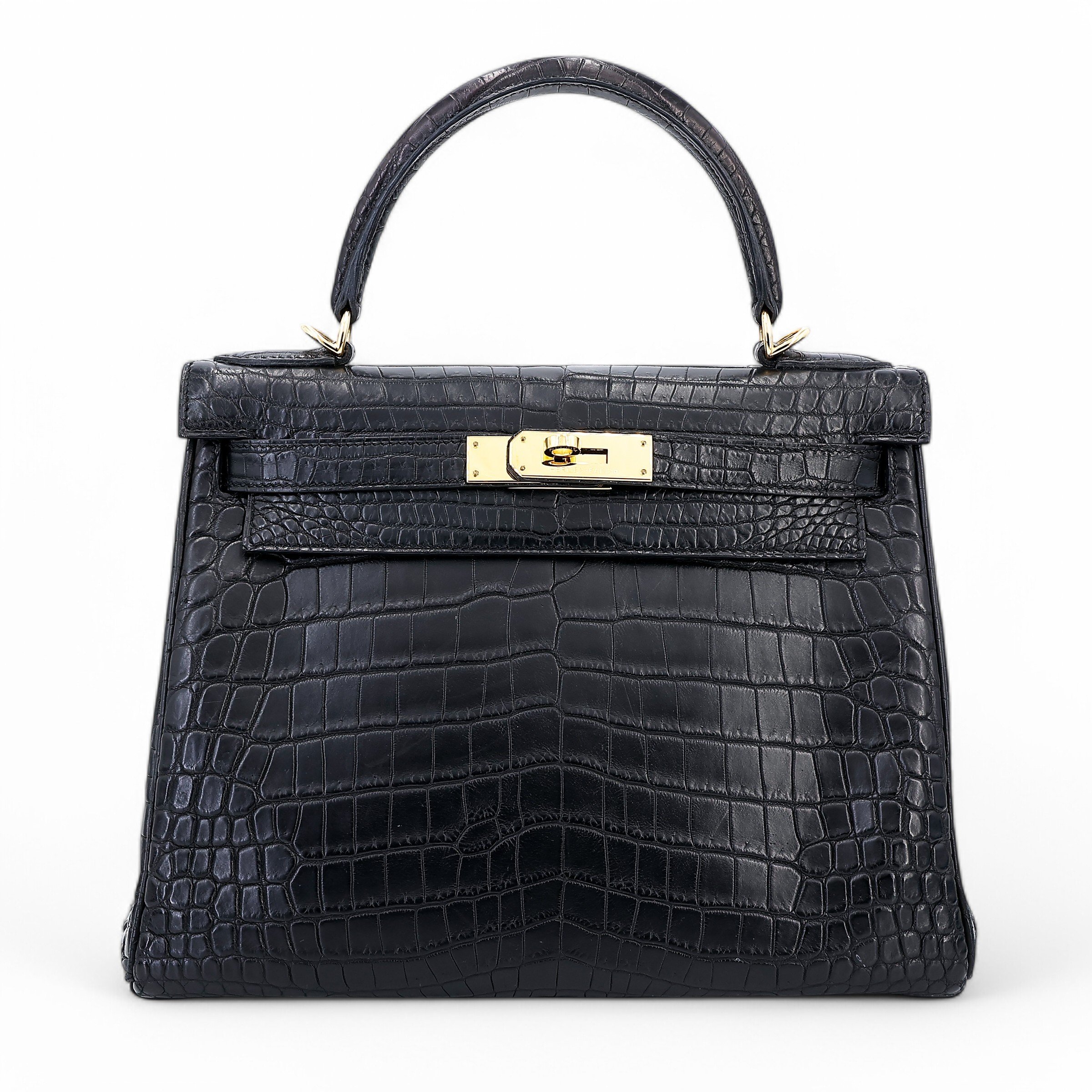 Very Good ( Rank A) HERMÈS Kelly 28 Black (89) Matte Niloticus Crocodile Gold hardware Square Q (2013)