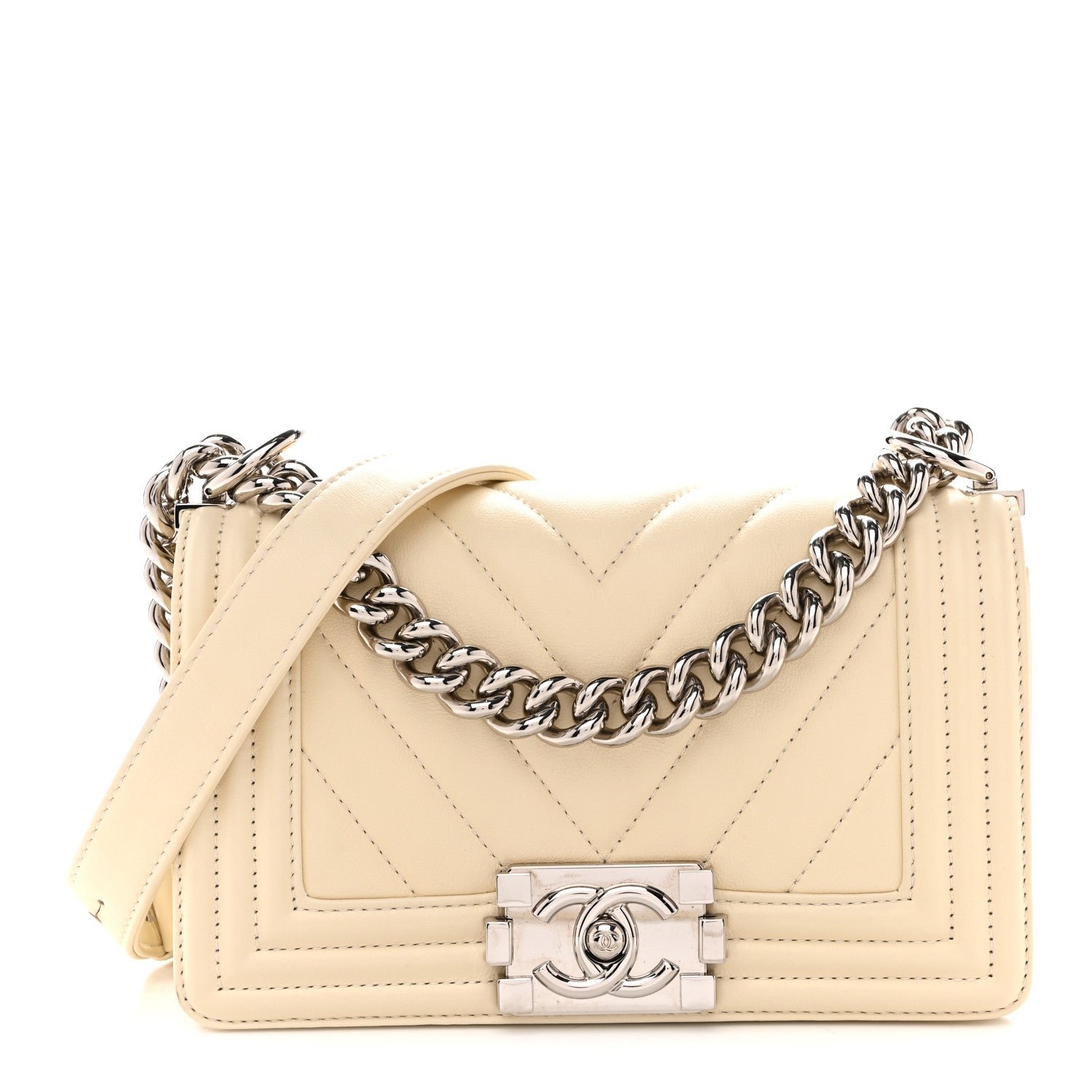 Chanel Calfskin Chevron Quilted Small Boy Flap Light Beige
