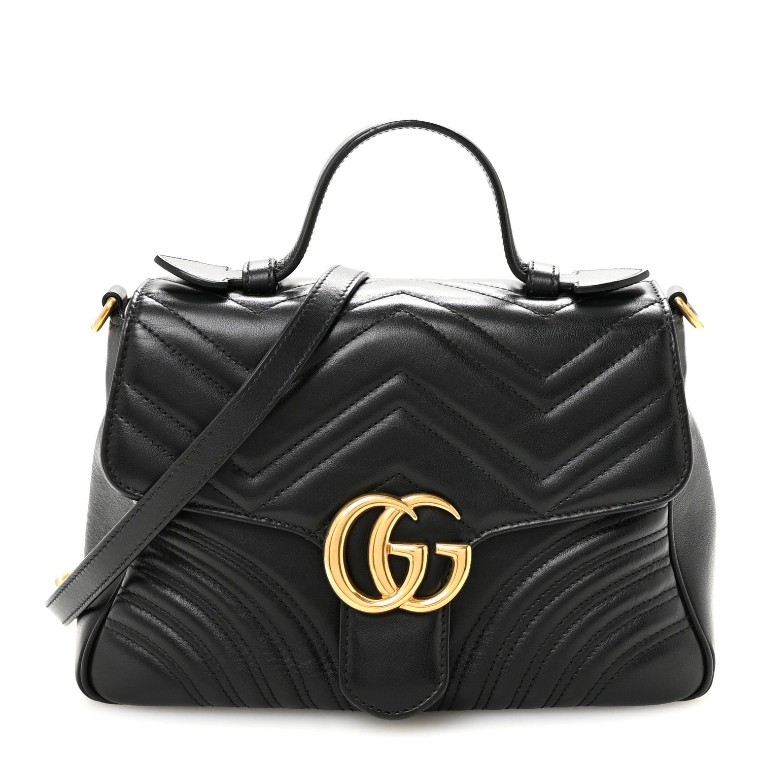 Gucci Calfskin Matelasse Small GG Marmont Top Handle Shoulder Bag Black