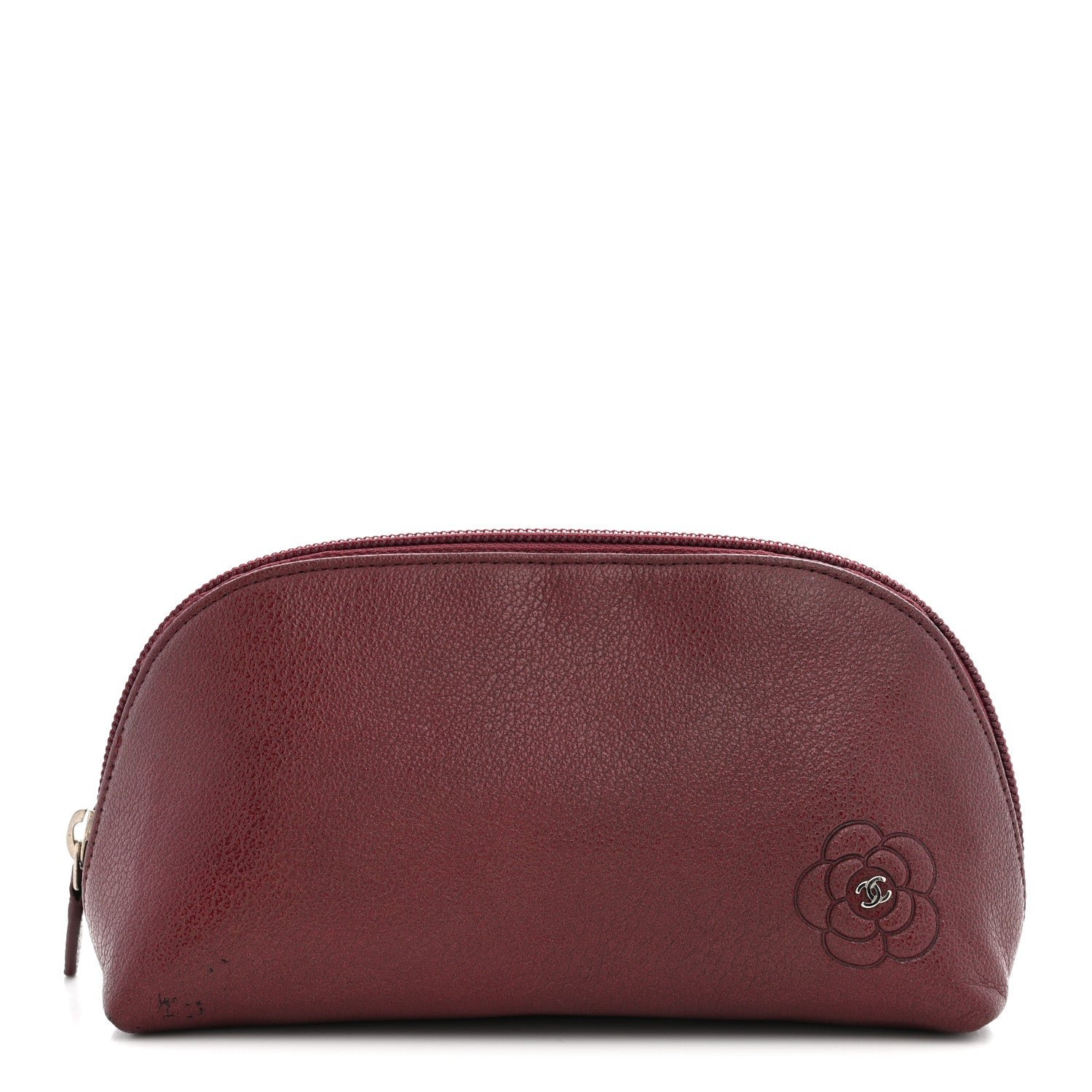 Chanel Goatskin Camellia Embossed Cosmetic Case Dark Red