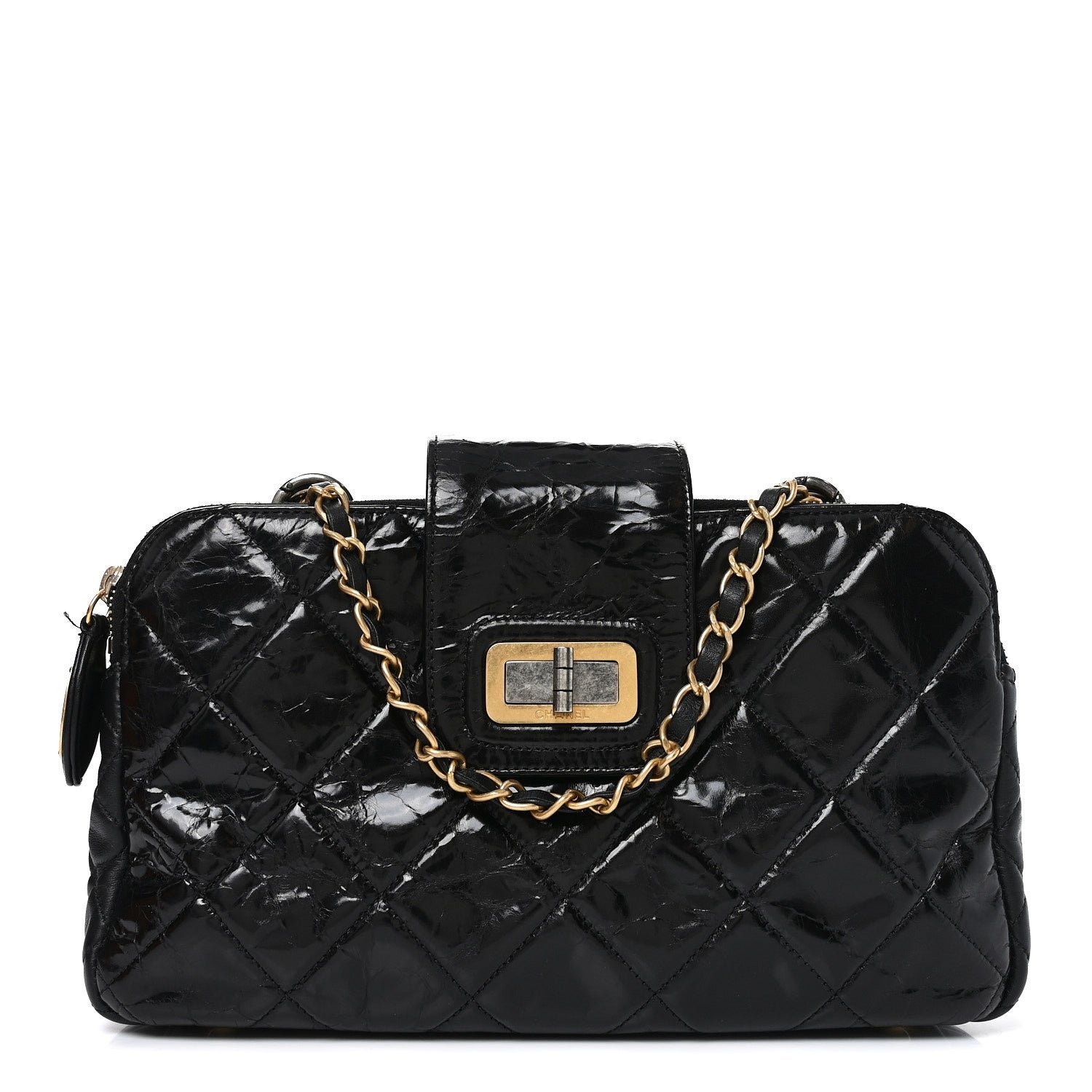 Chanel Glazed Crinkled Lambskin Small Reissue Zip Shopping Tote Black