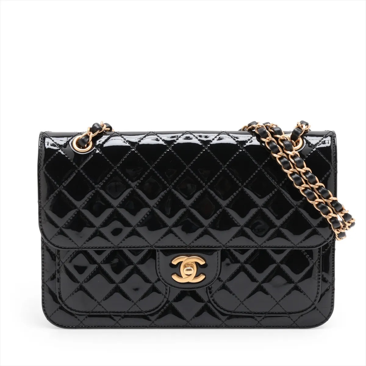 Chanel Matelasse Patent Leather Chain Shoulder Bag Black Gold Metal Fittings ran