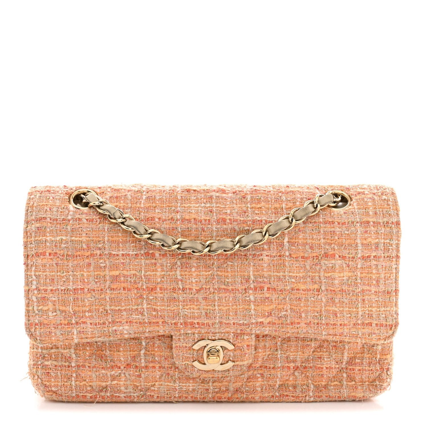 Chanel Tweed Quilted Medium Double Flap Orange Beige Multicolor