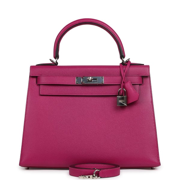 Pre-owned Hermes Kelly Sellier 28 Rose Pourpre Epsom Palladium Hardware