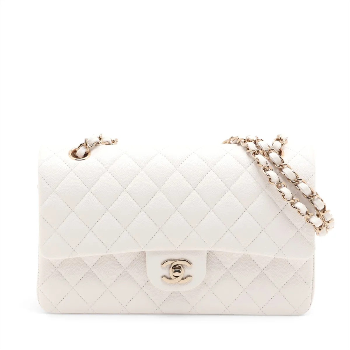 Chanel Matelasse 25 Caviar Skin Double Flap Double Chain Bag White Gold Metal Fi