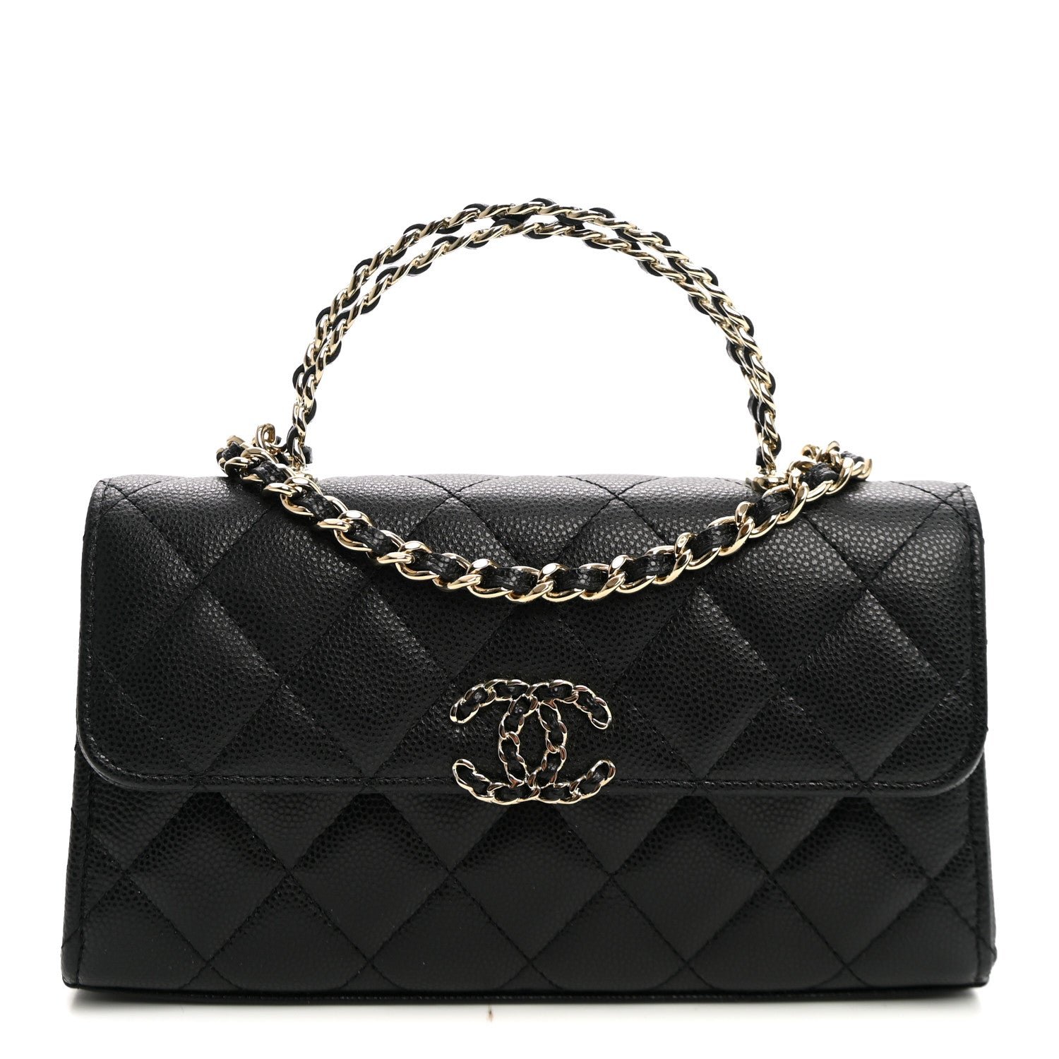 Chanel Caviar Quilted Chain Match Top Handle Phone Holder With Chain Black
