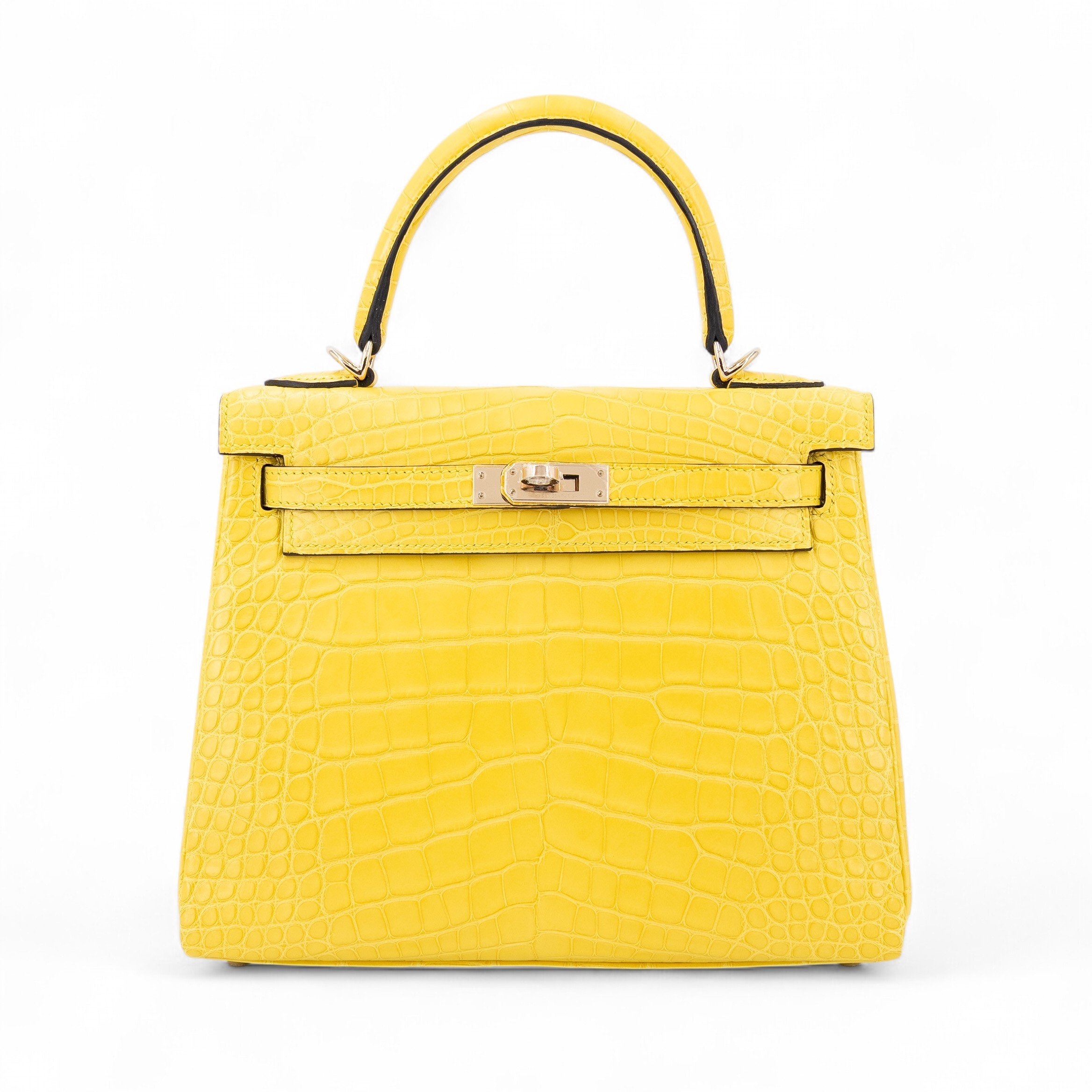 Unused ( Rank NS ) HERMÈS Kelly 25 Mimosa (M9) Matte Alligator Permabrass hardware U (2022)