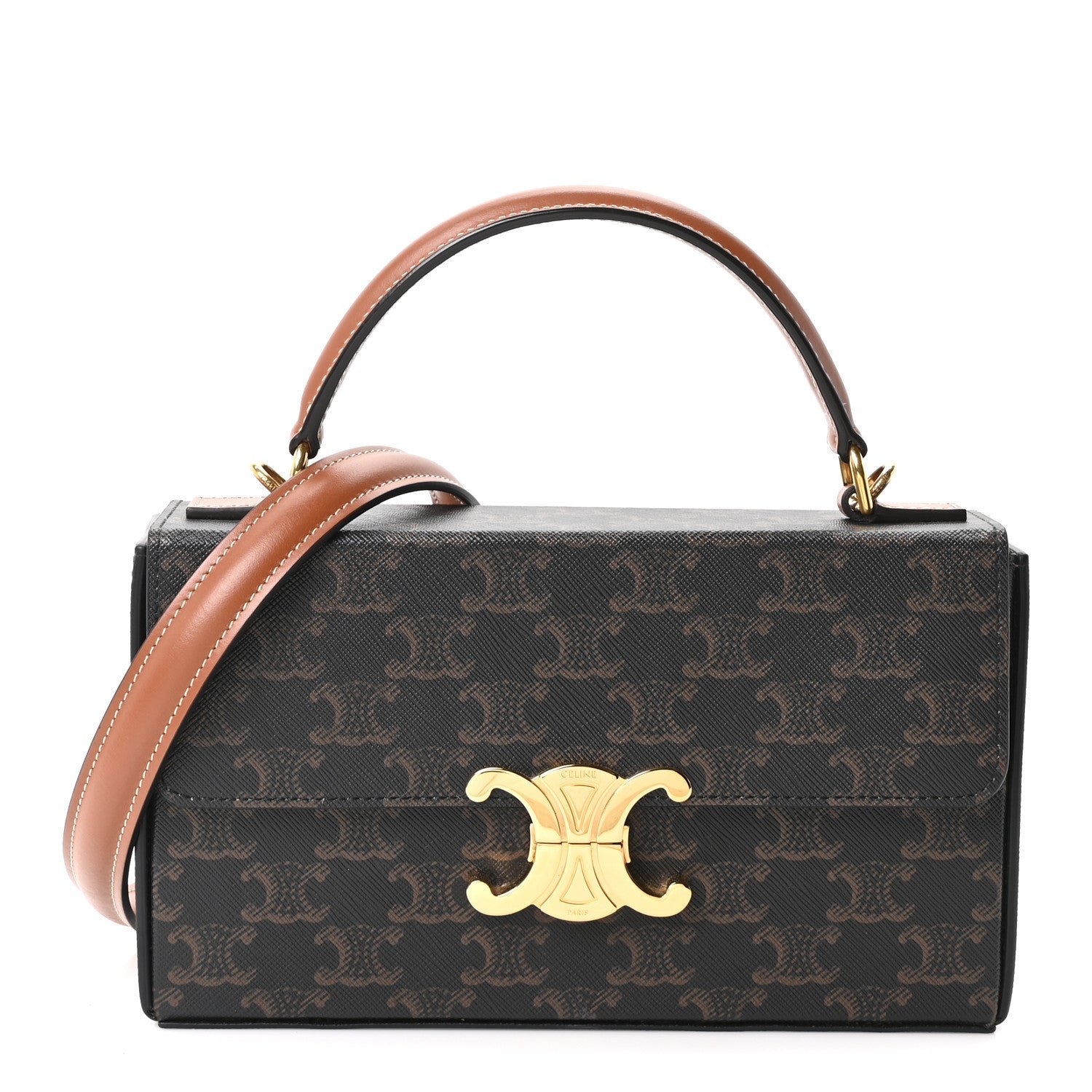 Celine Canvas Calfskin Triomphe Box Top Handle Bag Tan