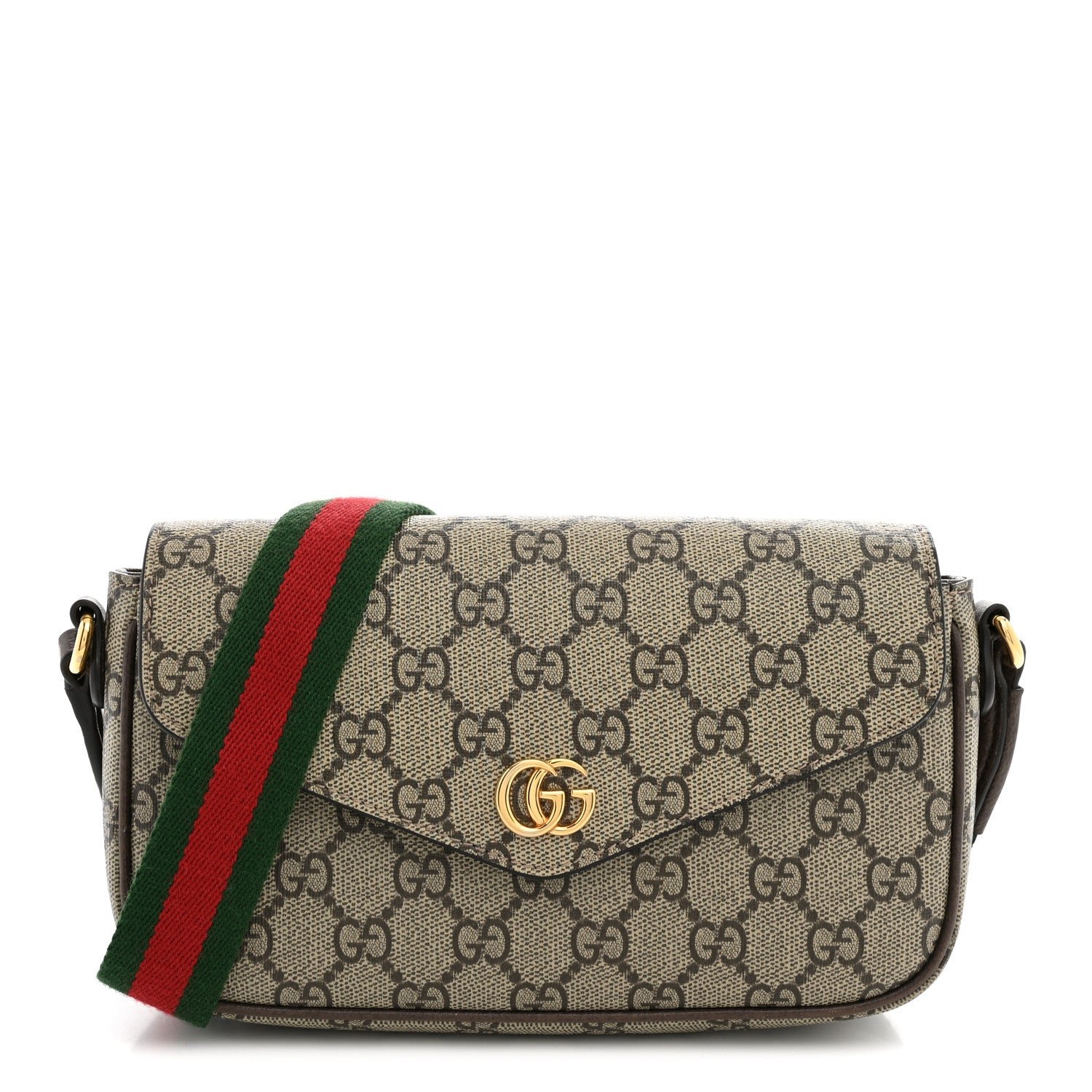 Gucci GG Supreme Monogram Textured Dollar Calfskin Web Mini Ophidia Envelope Shoulder Bag Beige Ebony