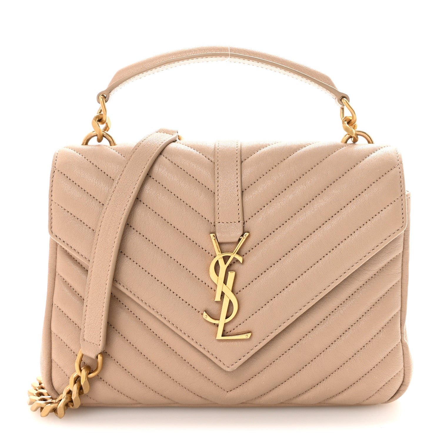Saint Laurent Sheepskin Matelasse Chevron Monogram Medium College Bag Dark Beige