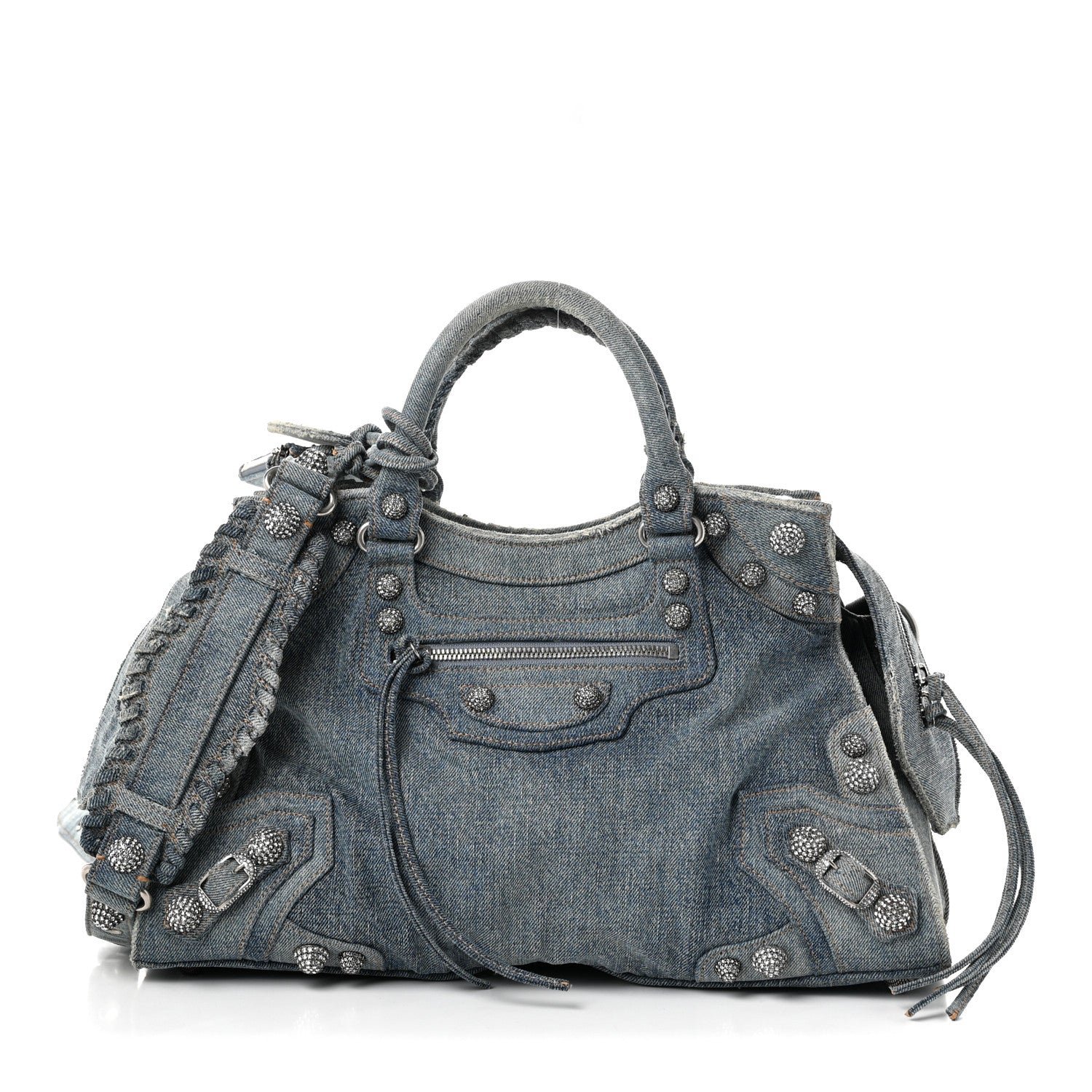 Balenciaga Washed Frayed Denim Crystal Neo Cagole City Handbag Blue