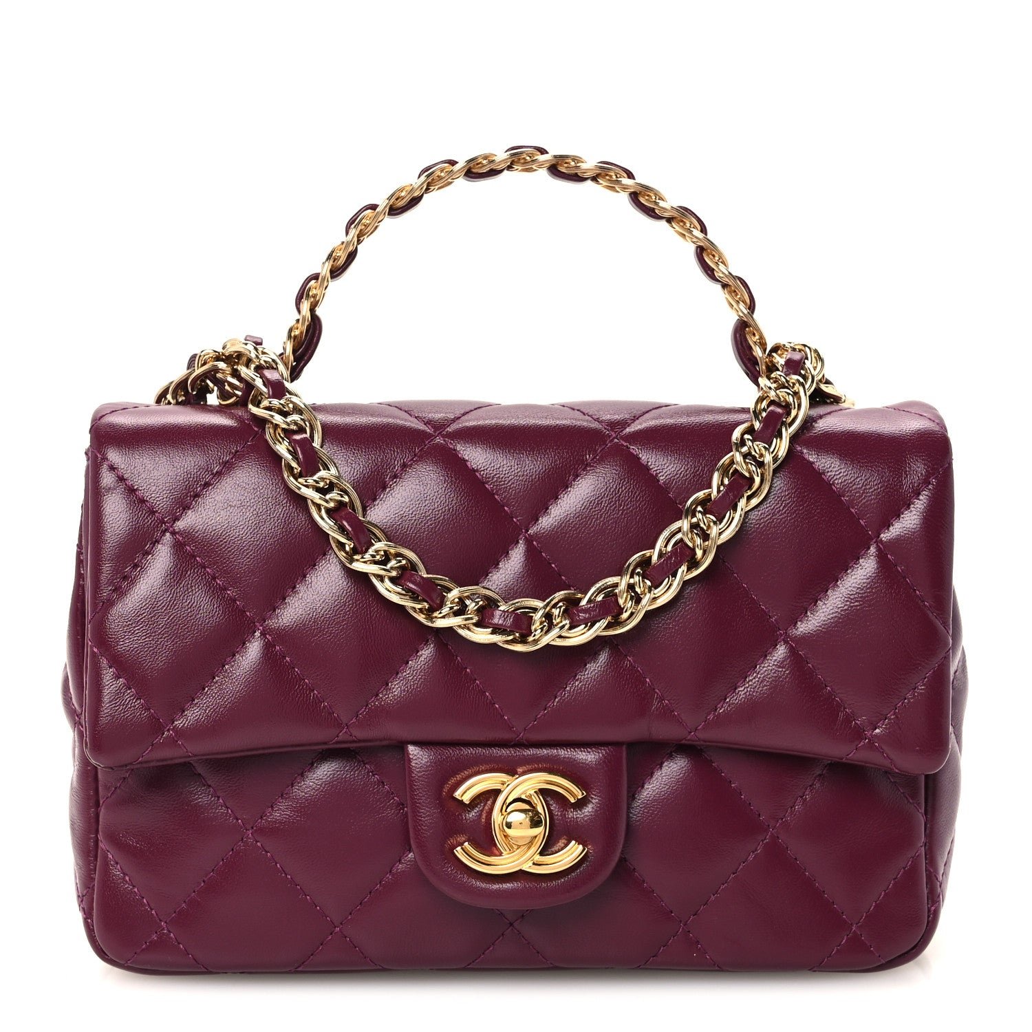 Chanel Shiny Lambskin Quilted Golden Links Top Handle Flap Dark Purple