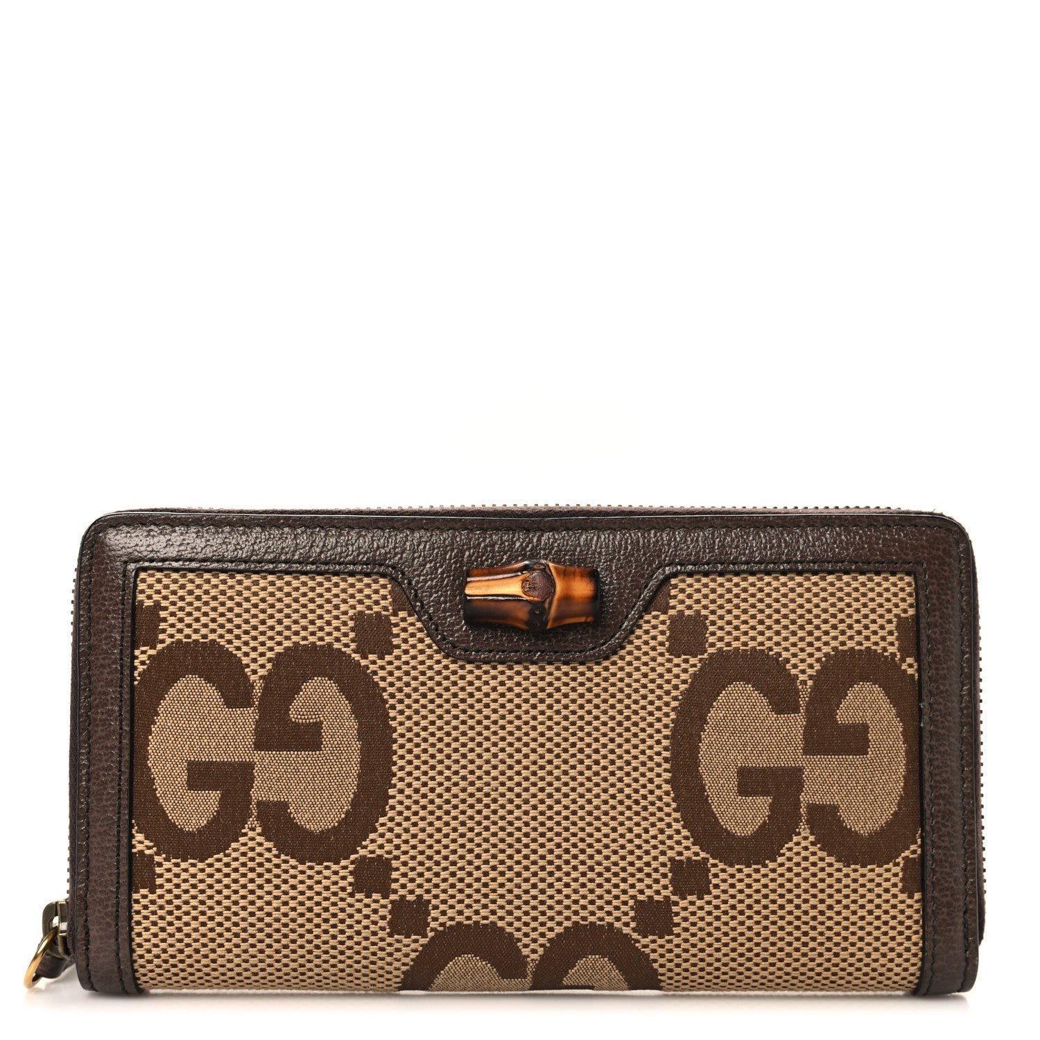 Gucci Monogram Jumbo GG Textured Dollar Calfskin Diana Zip Around Continental Wallet Camel Ebony New Acero