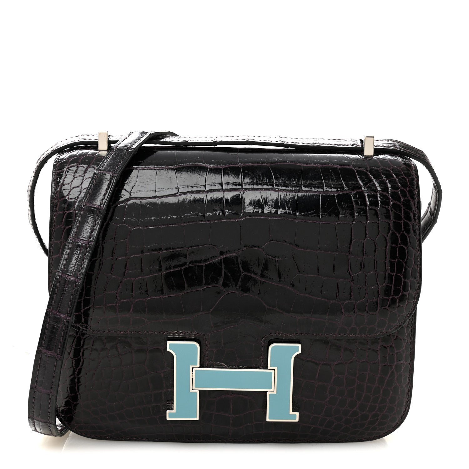 Hermes Shiny Alligator Enamel Constance 18 Prunoir Bleu Saint Cyr