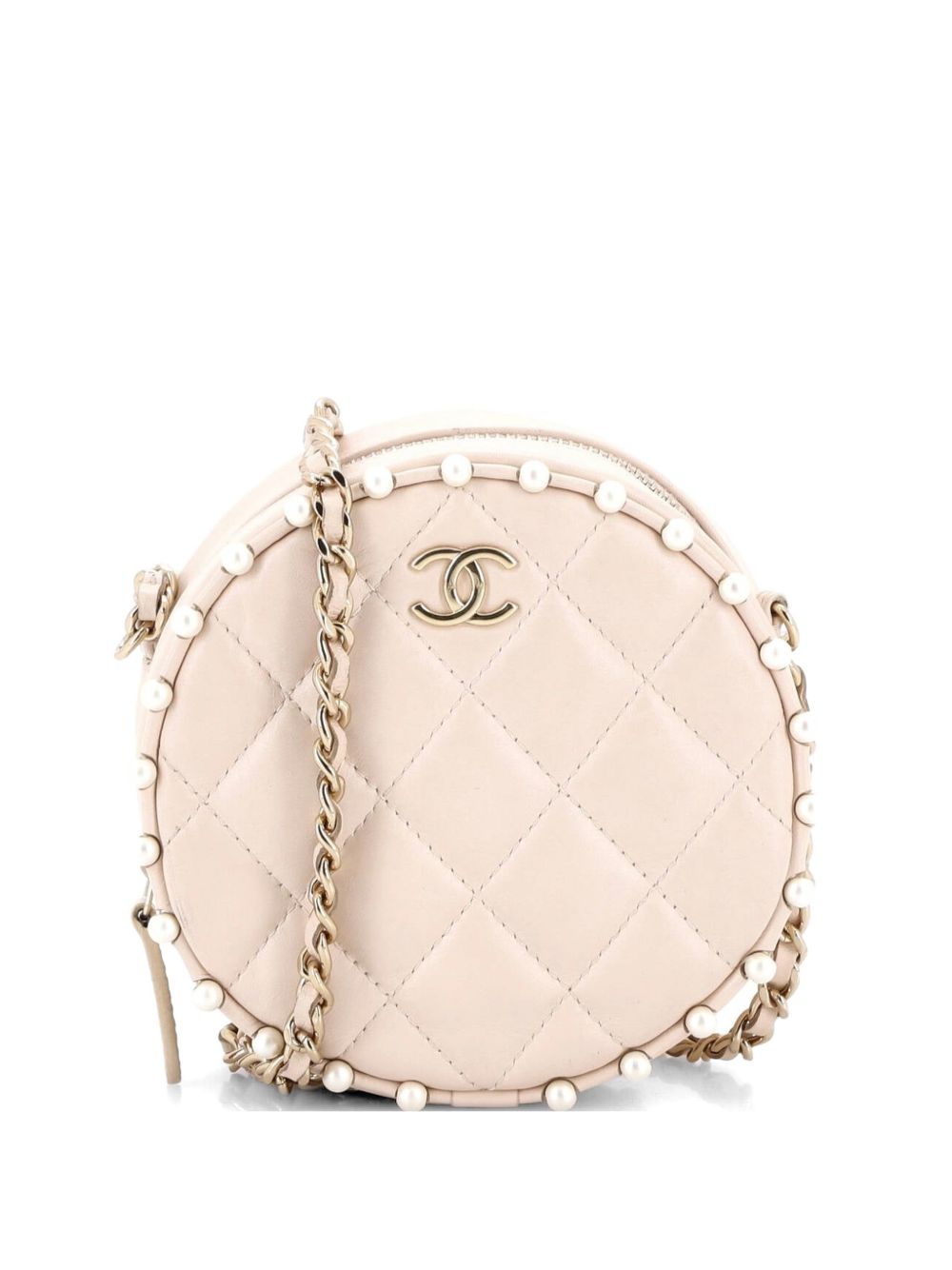 Round Clutch with Chain Quilted Calfskin with Pearl Detail crossbody bag