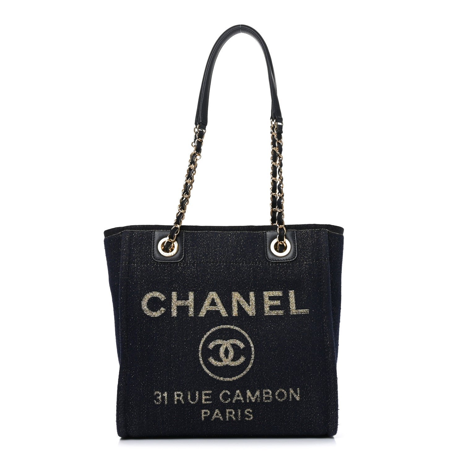 Chanel Lurex Canvas Mini Deauville Tote Navy Blue Gold