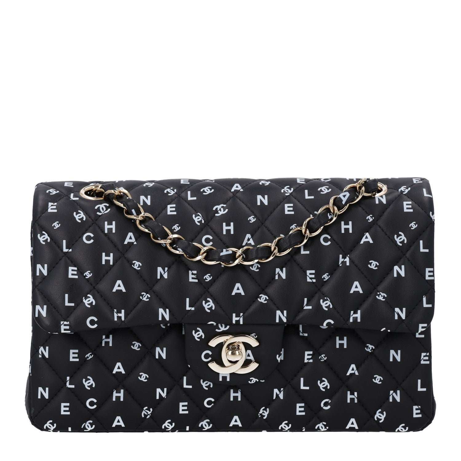 Chanel Lambskin Quilted Logo CC Printed Small Double Flap Black White