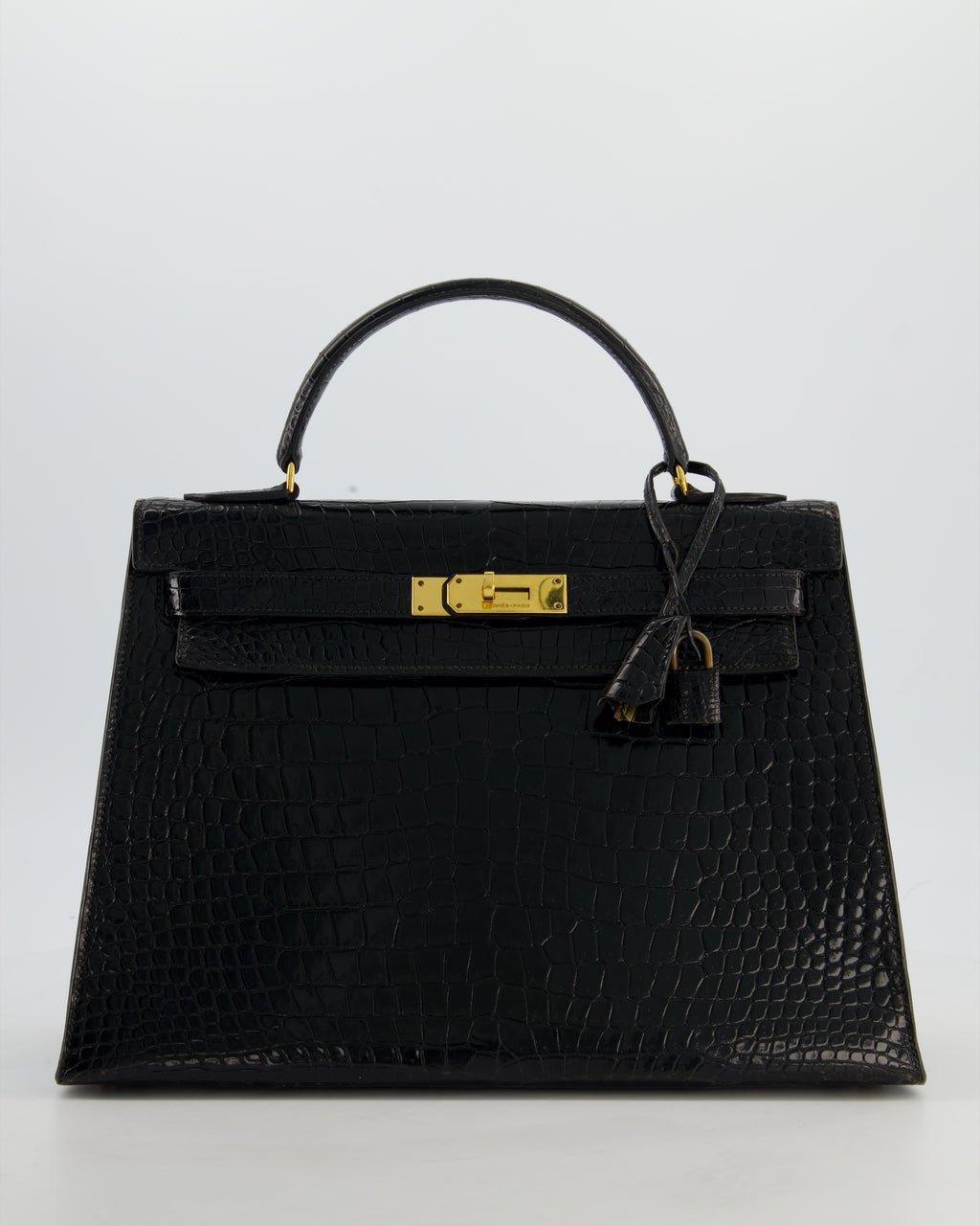 *HOT* Hermès Vintage Kelly 32 Sellier Bag in Noir Porosus Crocodile Leather with Gold Hardware